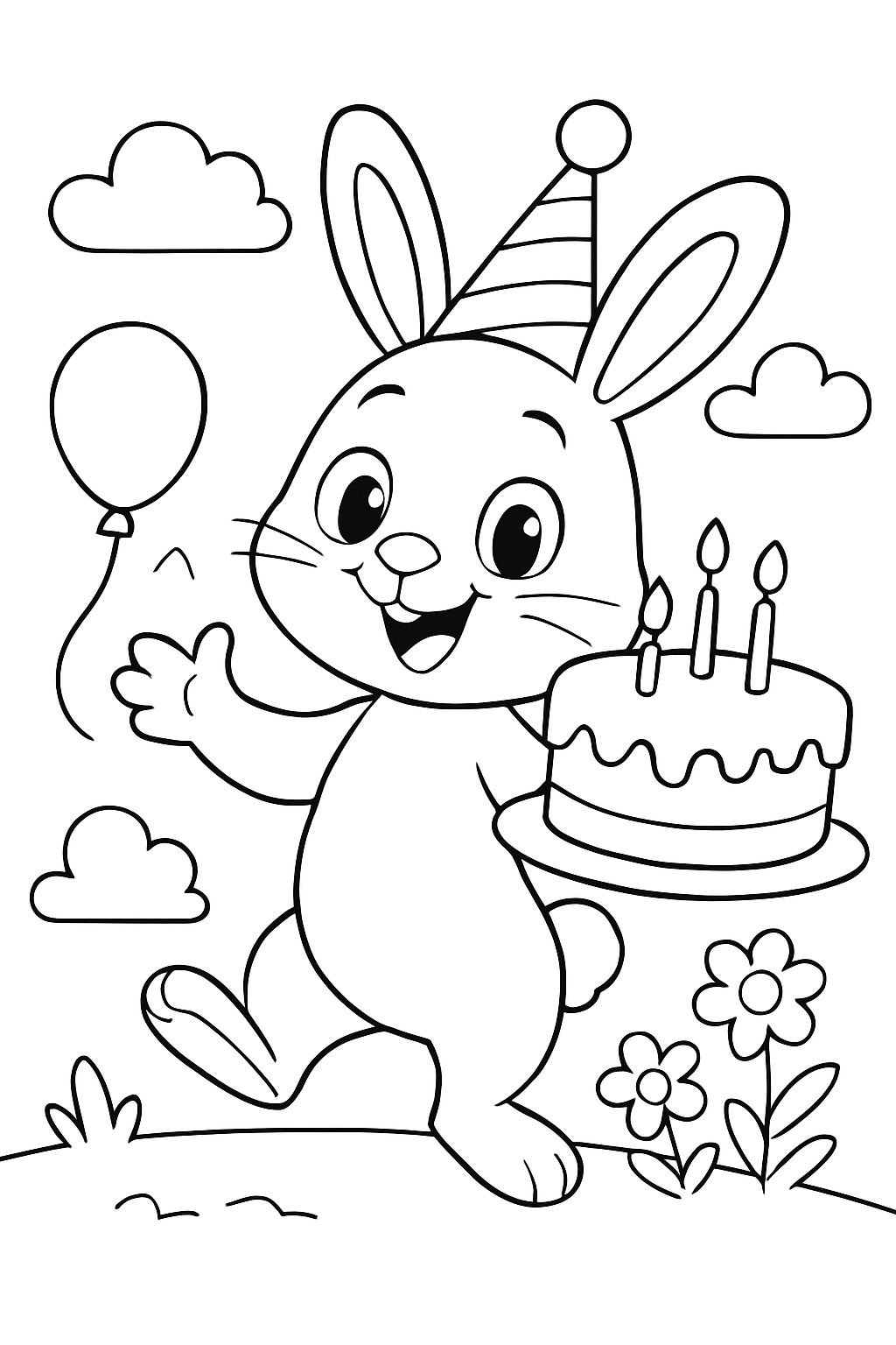 a bunny with a birthday cake and hat