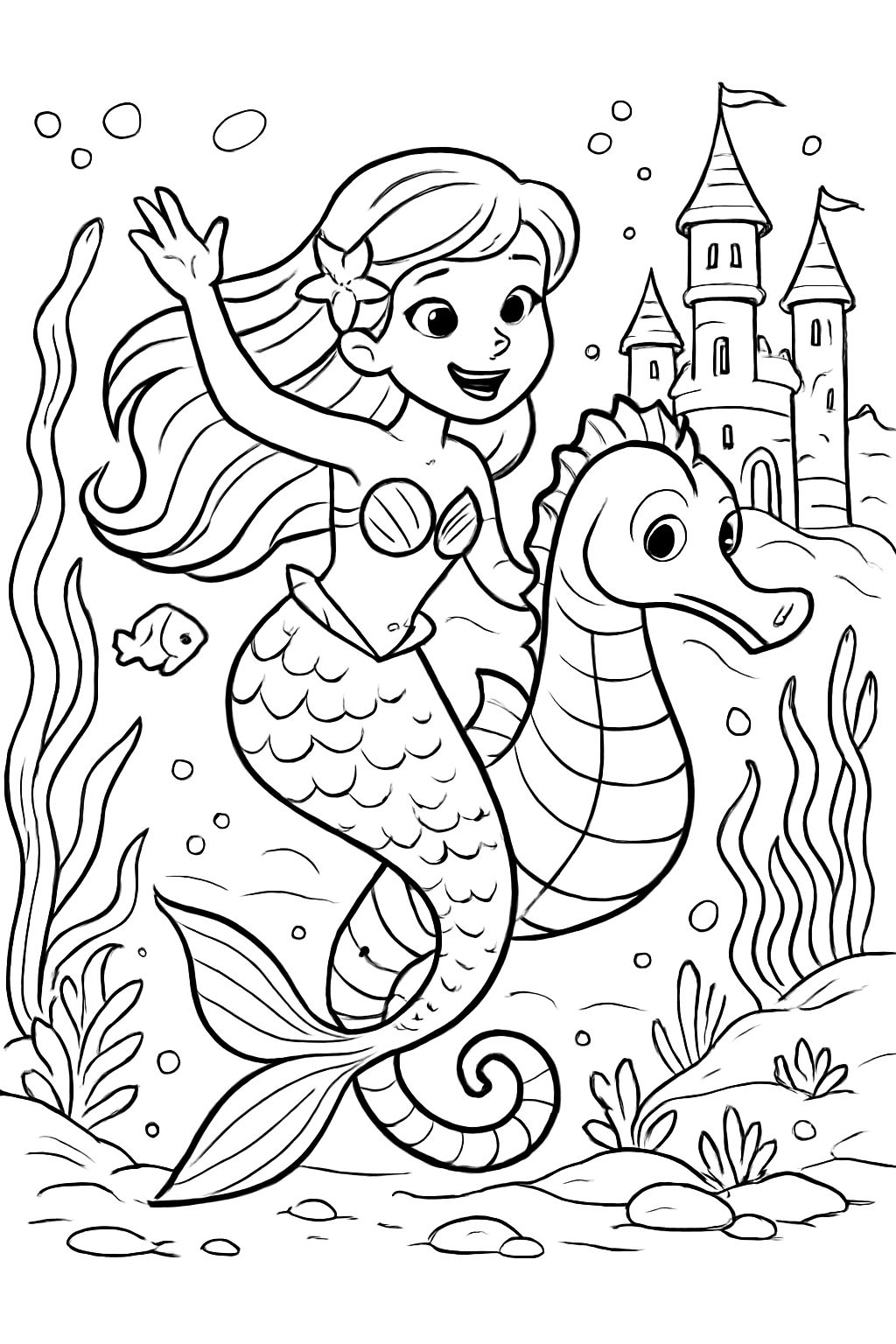 Une sirène monte un hippocampe vers un château sous l'eau