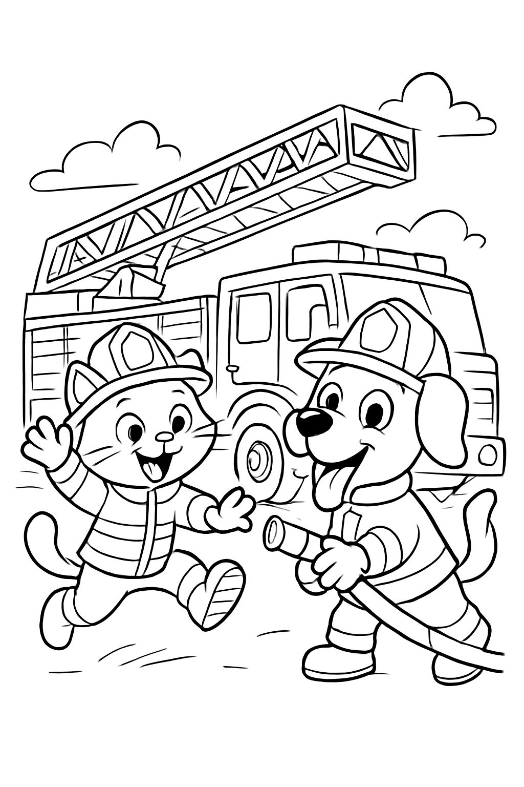 a fire cat and fire dog in front of a fire truck with a ladder