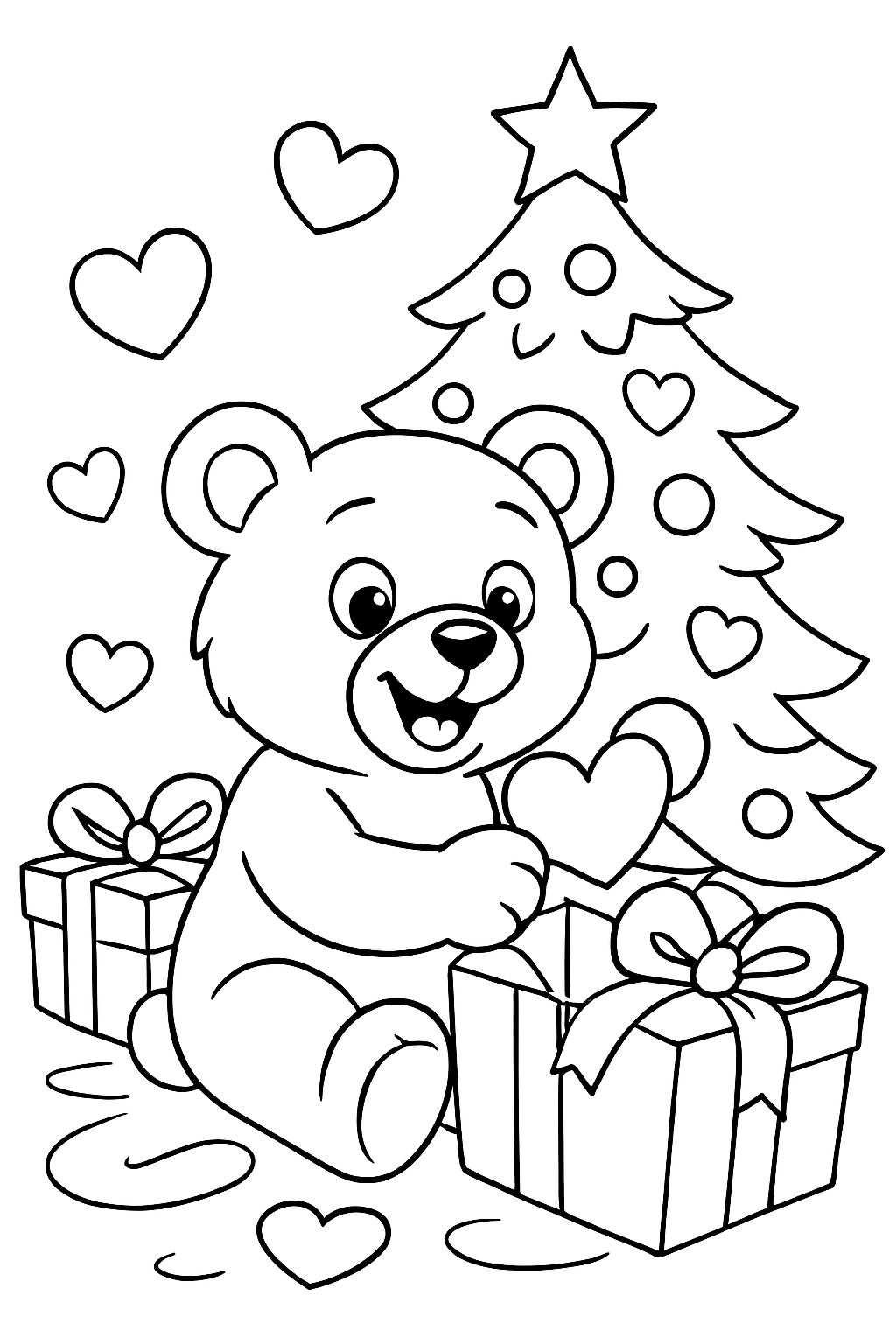 un ours en peluche vintage assis devant un sapin de Noël en train de déballer des cœurs et des cadeaux