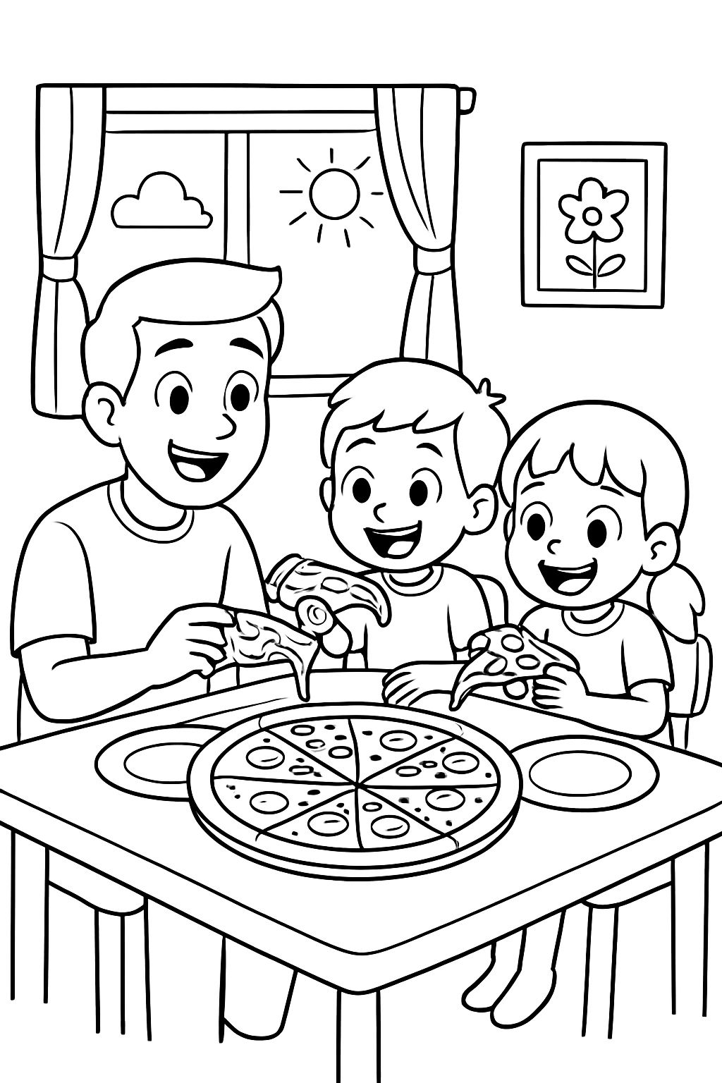 Uma família com um pai, um pai e gêmeos de quatro anos (um filho e uma filha) sentados em volta de uma mesa retangular de jantar comendo pizza.