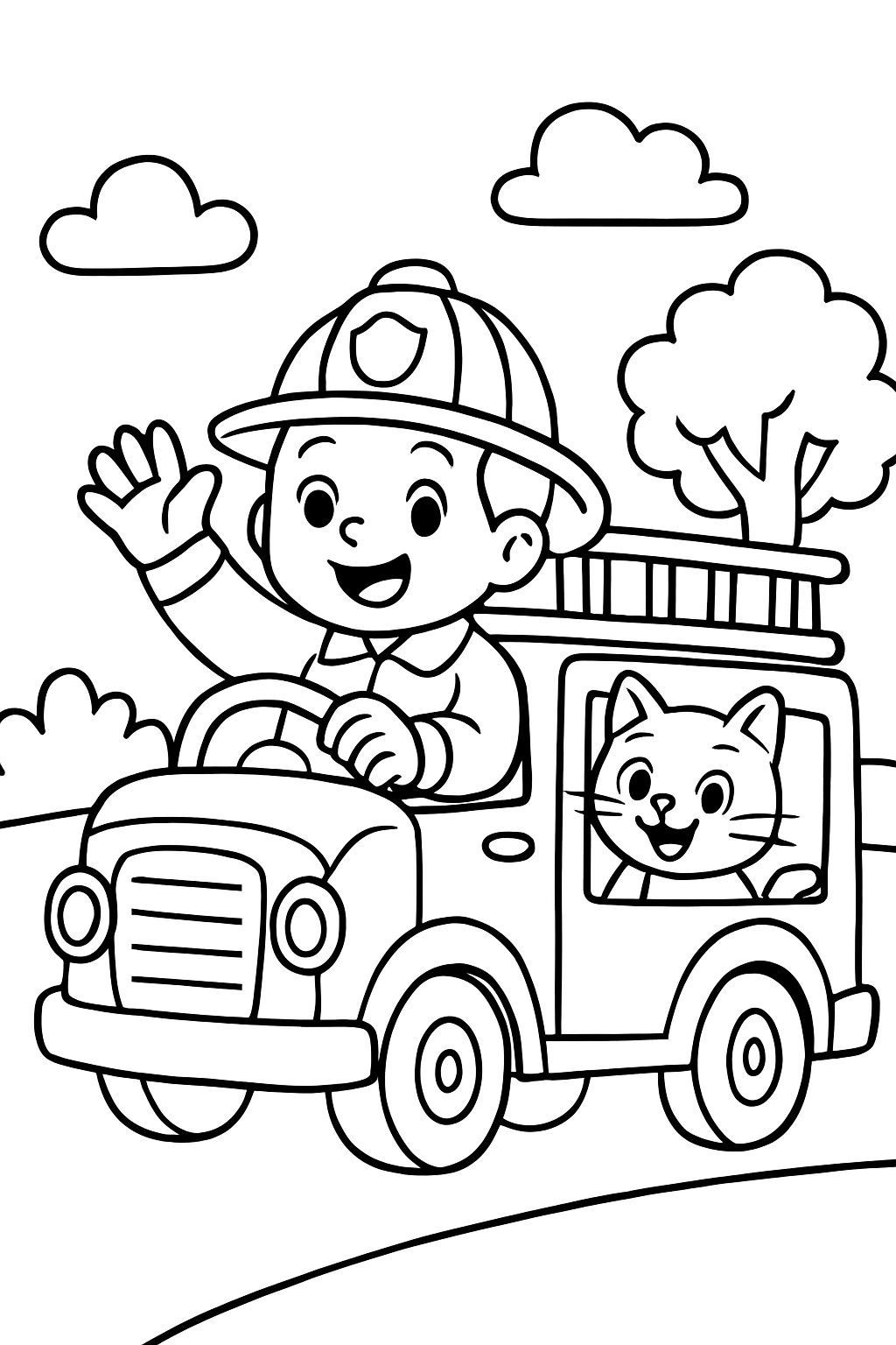 A fire truck with a cat without clouds and a white steering wheel A fire truck with a cat without clouds and a white steering wheel