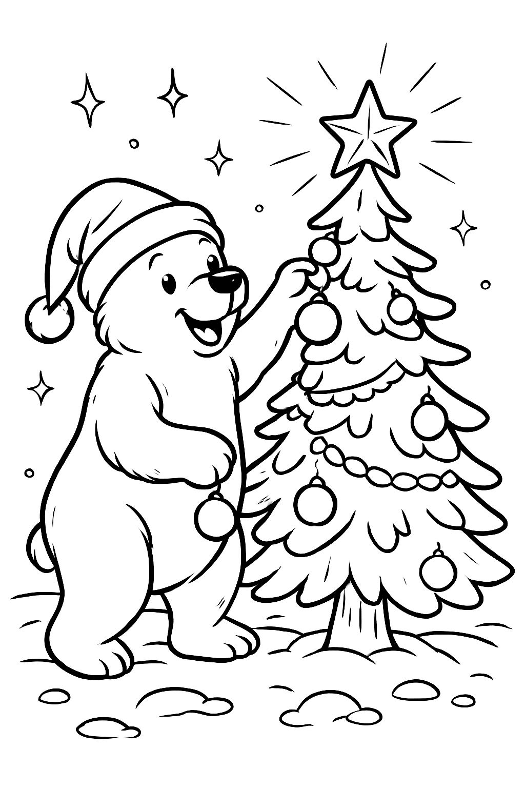 Um urso polar usando um chapéu de Natal e decorando uma árvore de Natal.