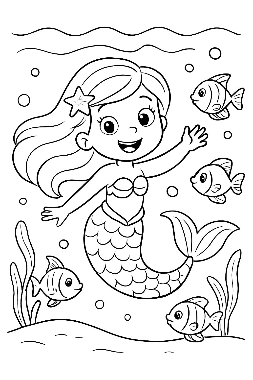 A mermaid swimming with fish