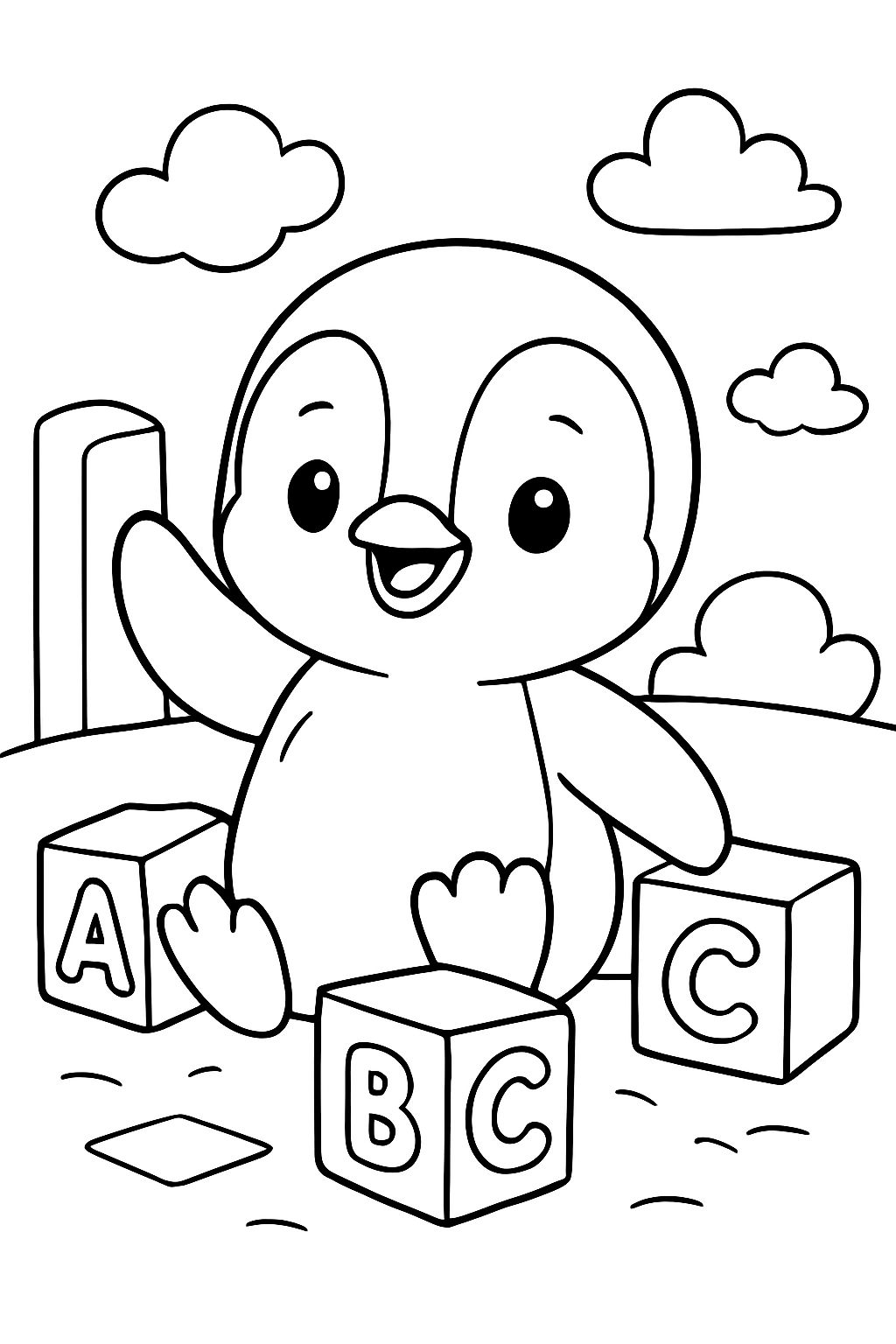 Ein Baby-Pinguin mit Bausteinen