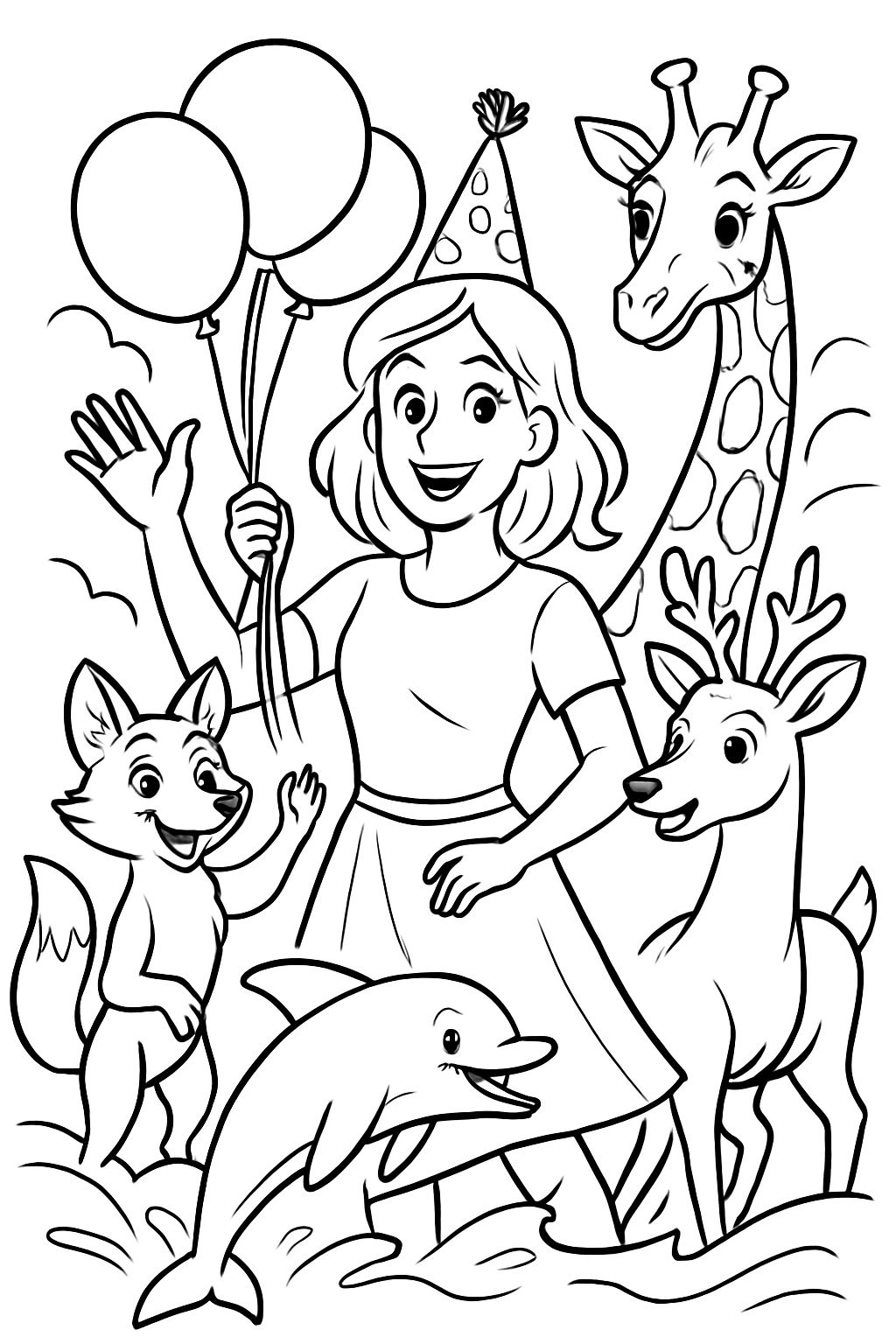 frau geburtstag 34 fuchs, giraffe, reh und delfin