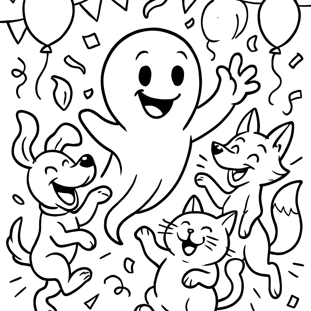 A friendly little ghost dancing with animals and having a party A friendly little ghost dancing with animals and having a party