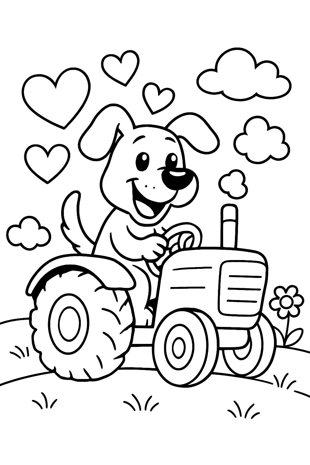 dog riding a tractor with love hearts