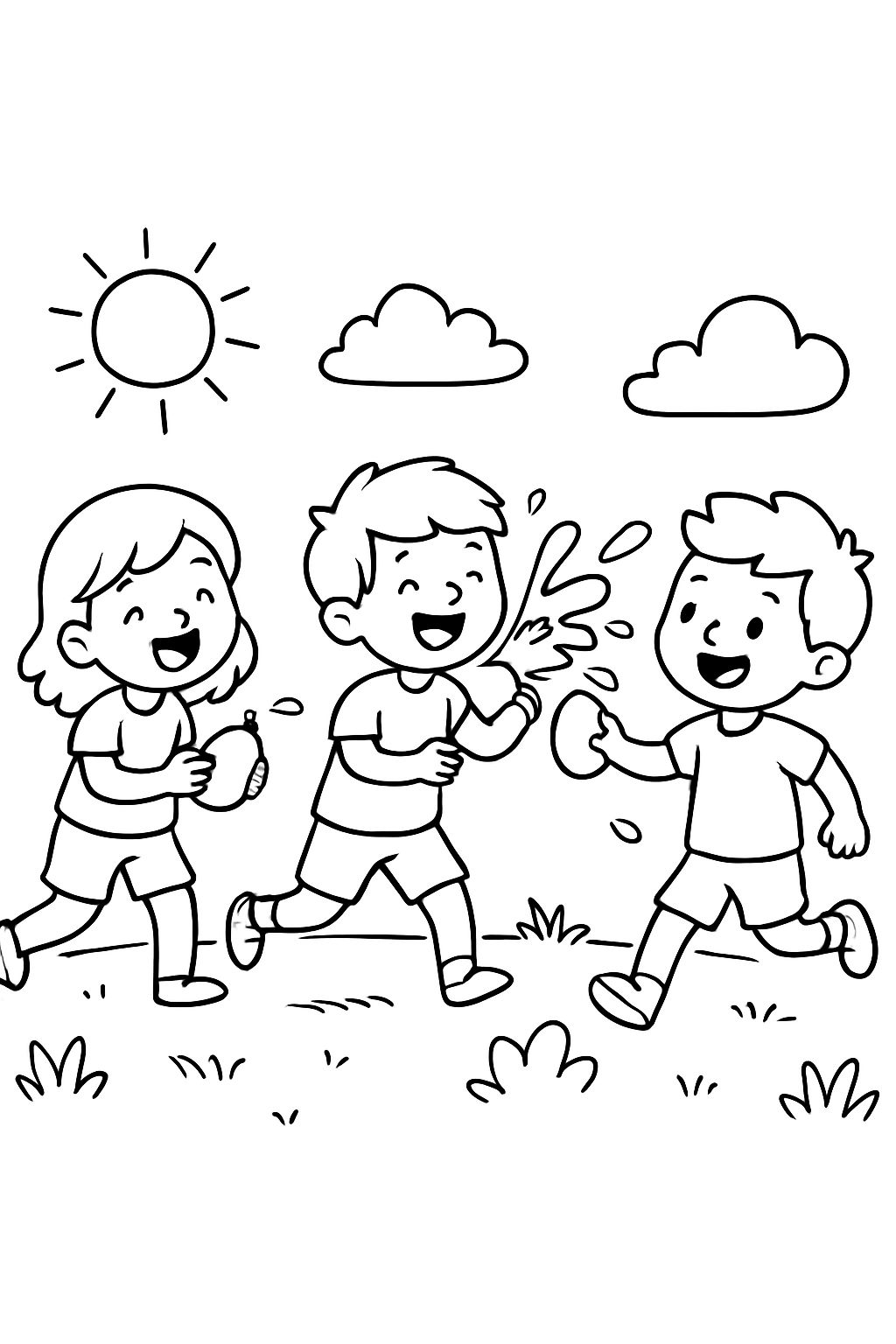 Kids playing having a water balloon fight.