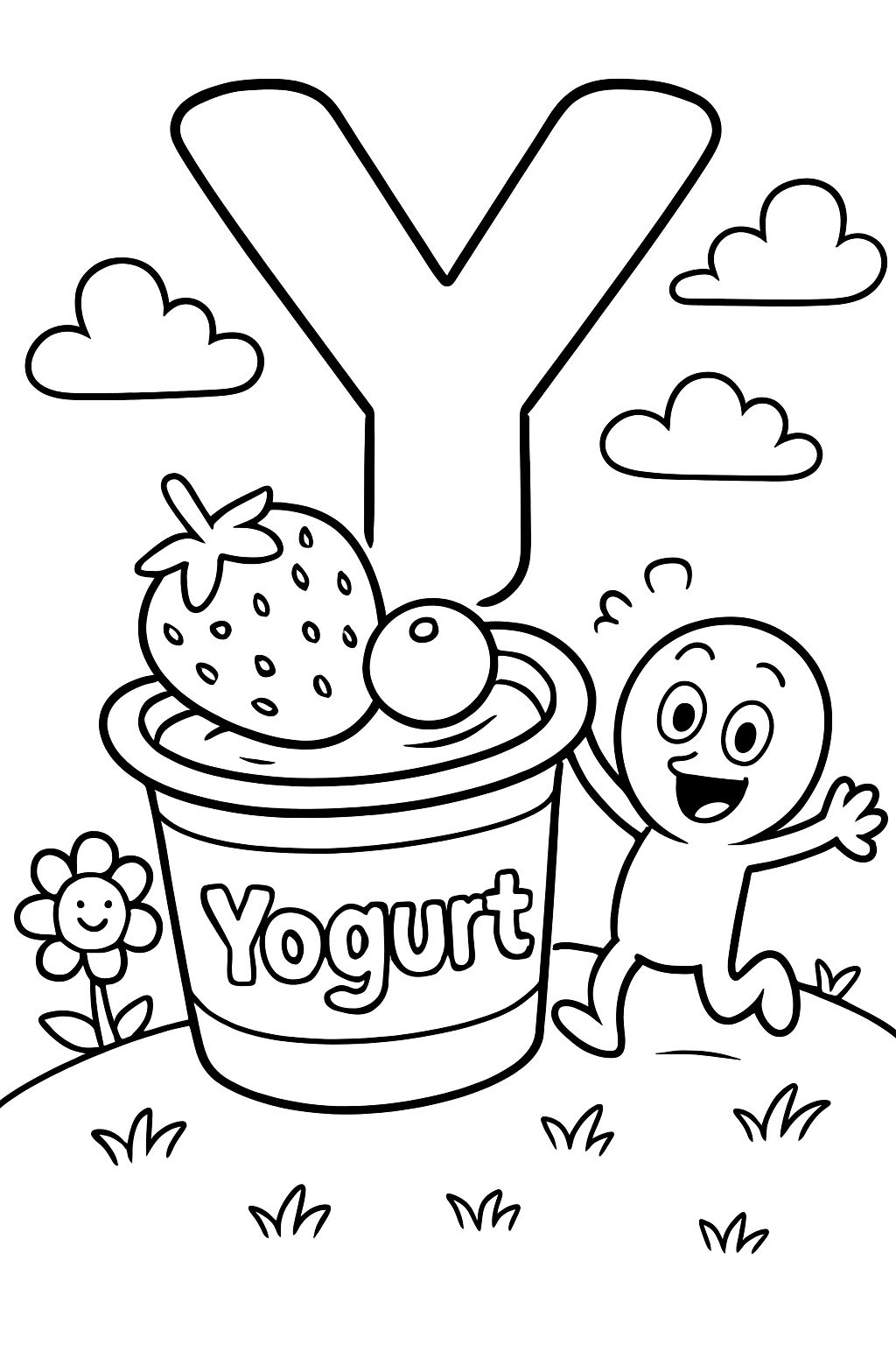 A large bubble “Y” is centered on top of the page. Under that is an image of an open container of yogurt with a strawberry and a blueberry on top, and “Yogurt” on the label of the container. Under the image should say “Yogurt” in bubble letters.