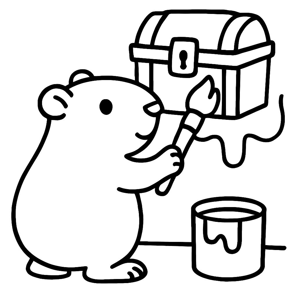 Ein Meerschweinchen malt eine Schatztruhe an eine Wand. Ein Meerschweinchen malt eine Schatztruhe an eine Wand.