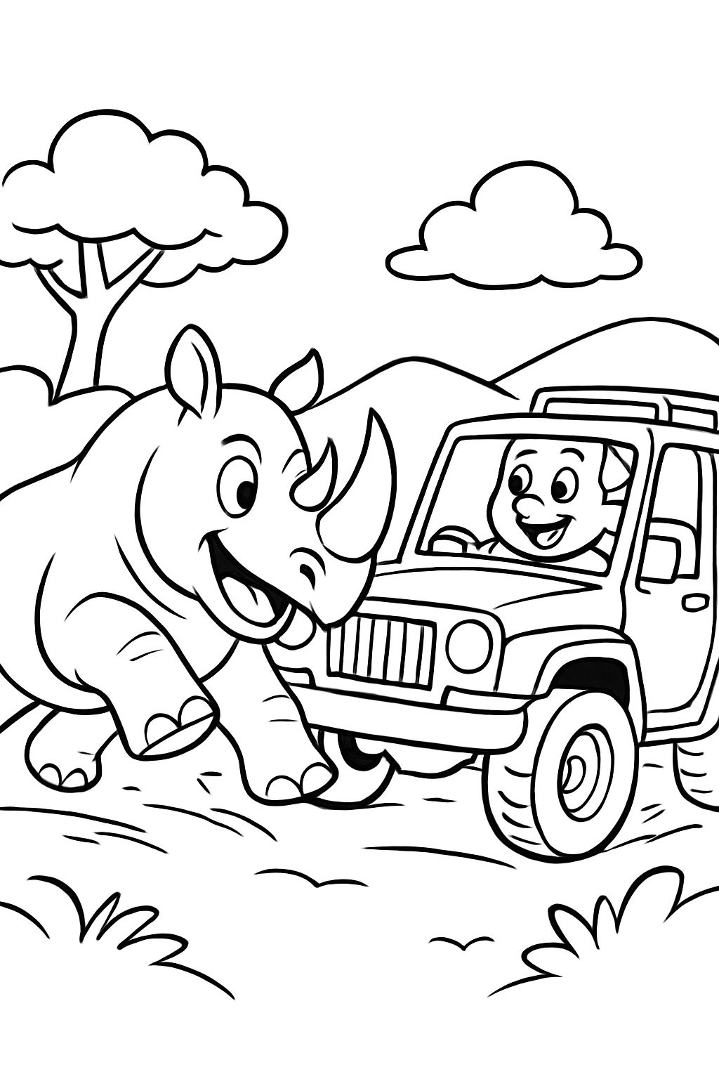 Rhinoceros charging an off-road vehicle
