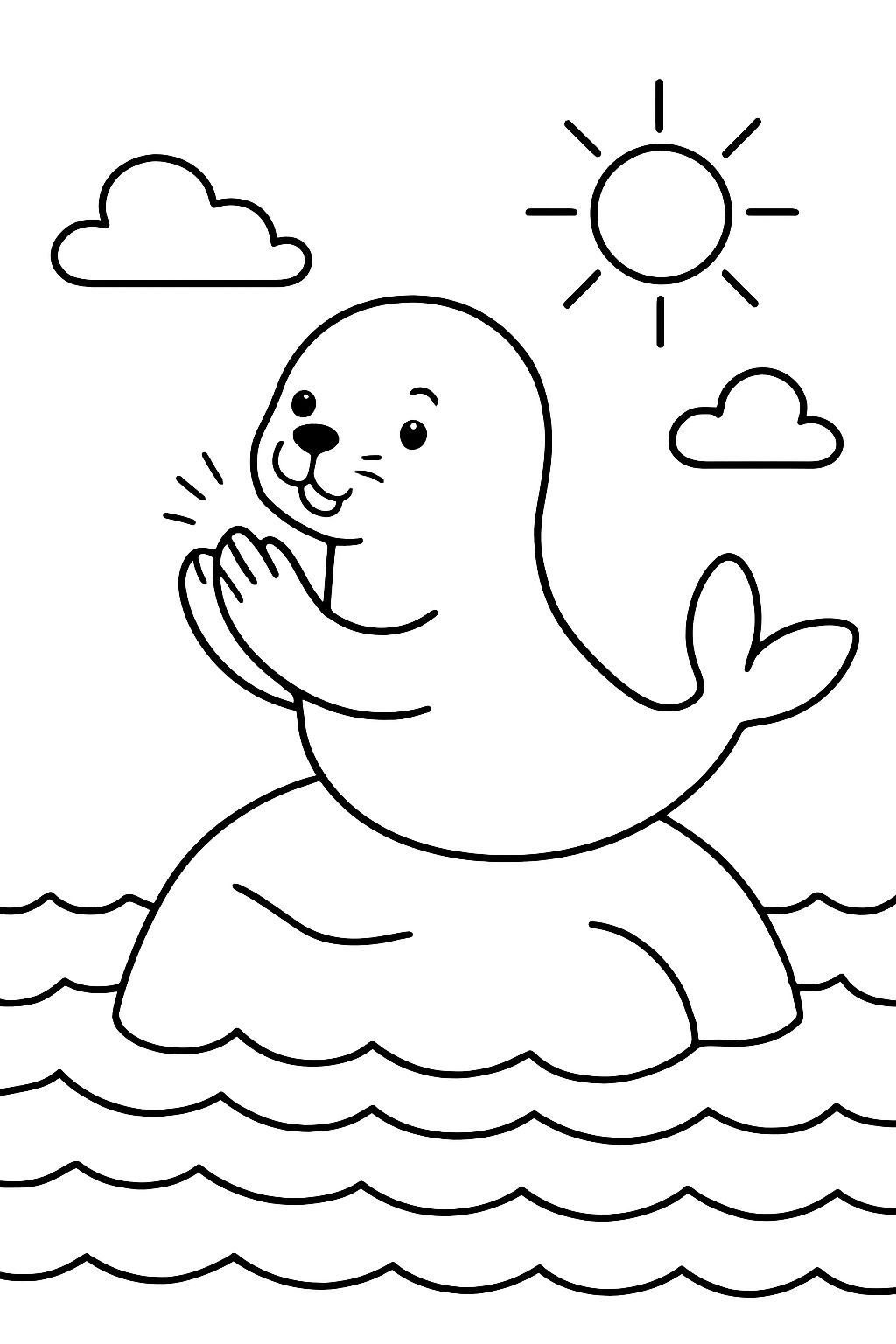 A seal clapping while sitting on a rock over the sea.