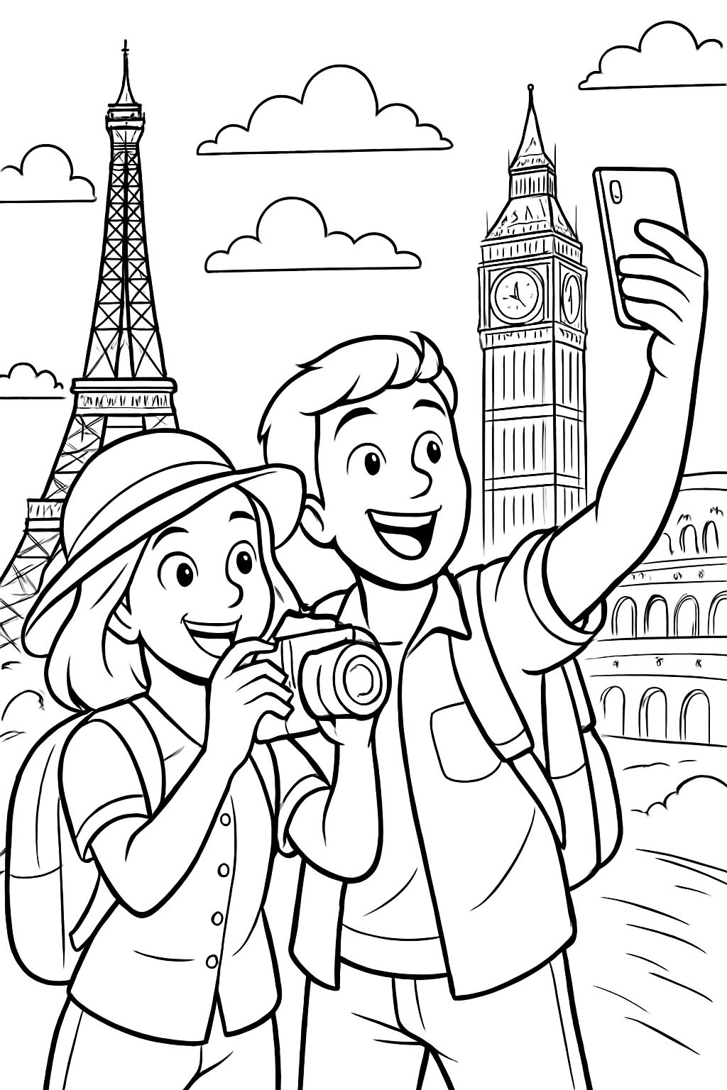 Um casal de turistas a fotografar monumentos.