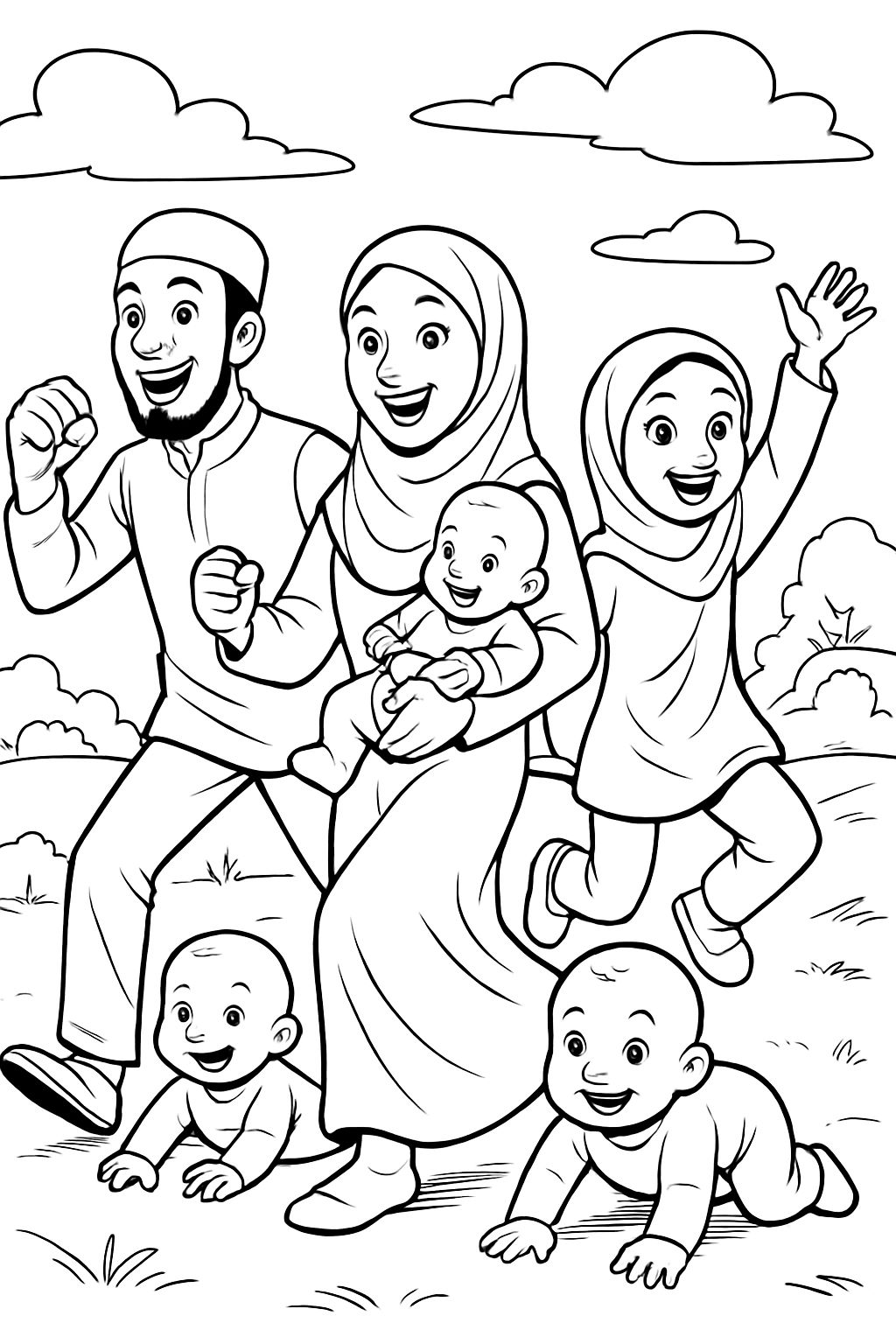 Muslim Familie mit fünf Familienmitgliedern, darunter Eltern, ältere Tochter und Säugling Zwillinge. Muslim Familie mit fünf Familienmitgliedern, darunter Eltern, ältere Tochter und Säugling Zwillinge.