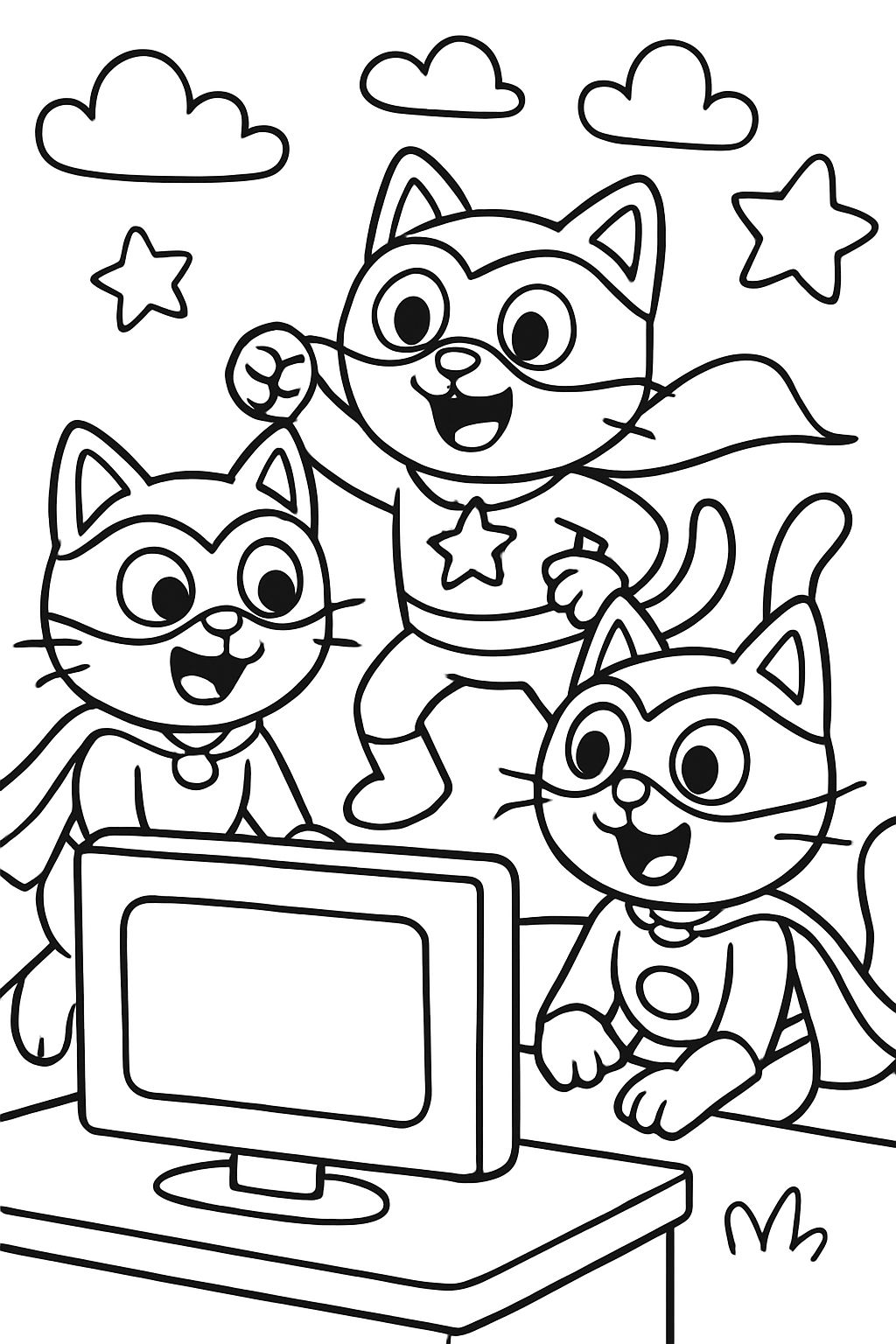 Superkätzchen schauen auf einen Bildschirm