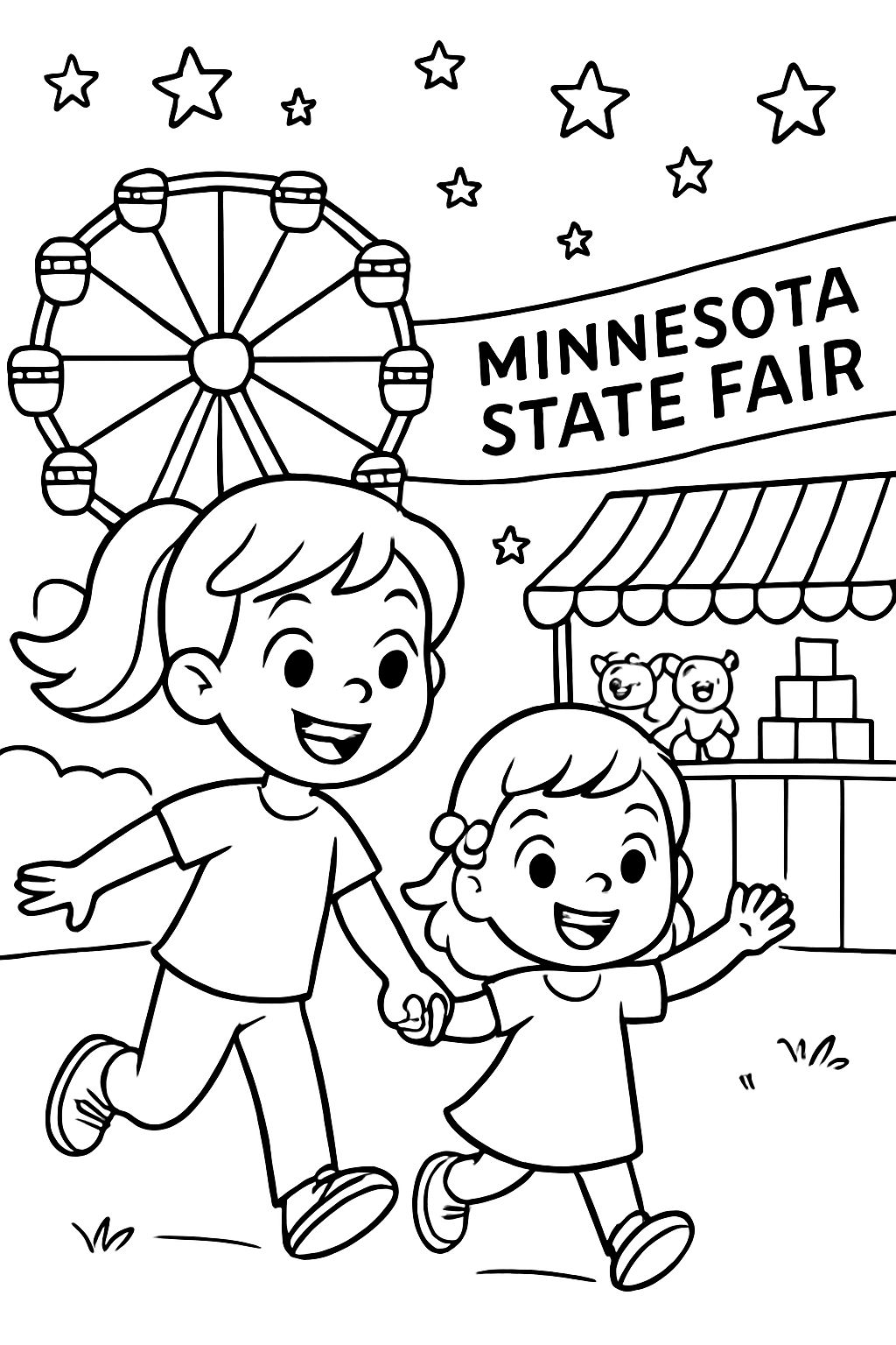 Menina de 6 anos com um rabo de cavalo e sua irmãzinha caminhando na feira estadual de Minnesota. Tem uma roda-gigante e bancas de brinquedos e um banner que diz feira estadual de Minnesota. Faça de noite com estrelas no céu. Menina de 6 anos com um rabo de cavalo e sua irmãzinha caminhando na feira estadual de Minnesota. Tem uma roda-gigante e bancas de brinquedos e um banner que diz feira estadual de Minnesota. Faça de noite com estrelas no céu.
