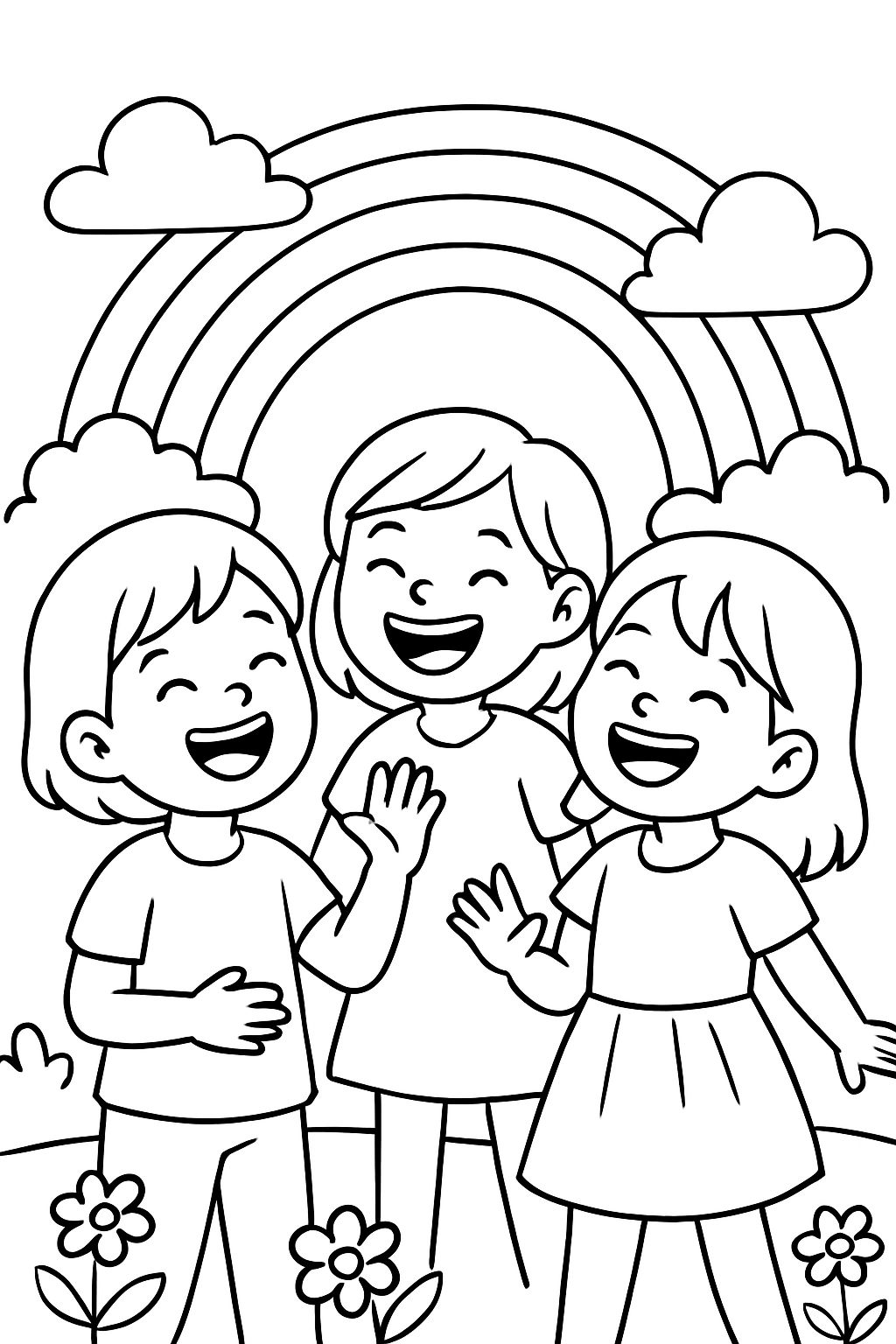 3 Mädchen (eins mit kurzen Haaren und 2 mit schulterlangen Haaren) die zusammen lachen mit einem Regenbogen im Hintergrund