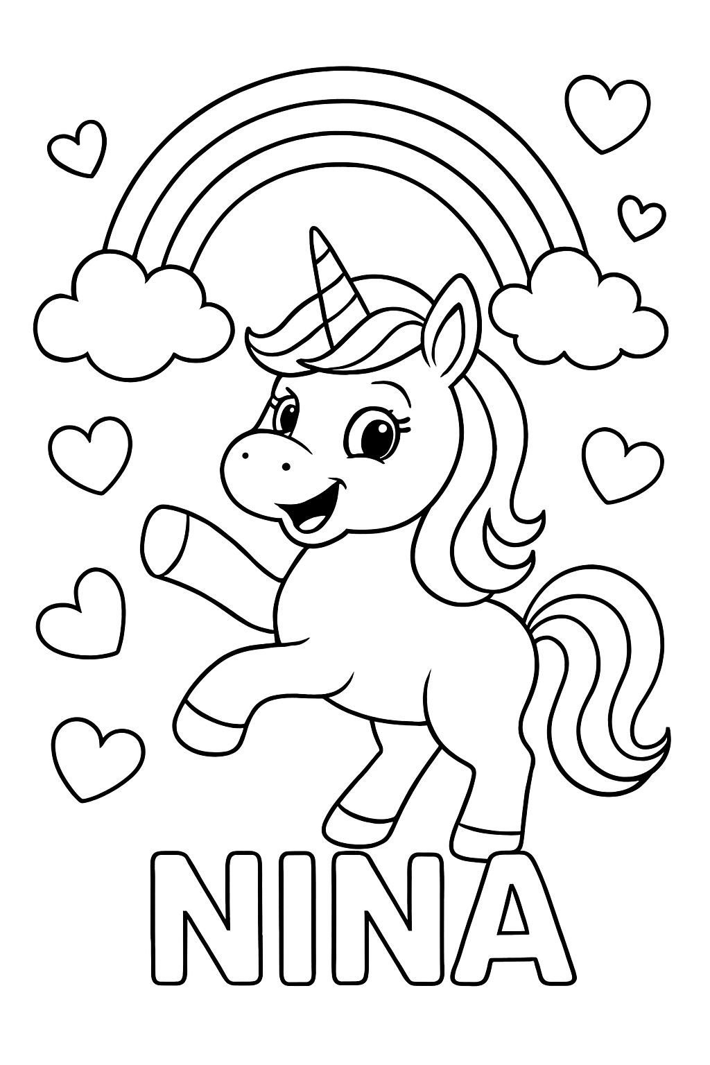 Une page à colorier avec le nom Nina pour ma fille de 5 ans. Elle aime les licornes, les arcs-en-ciel et les cœurs.