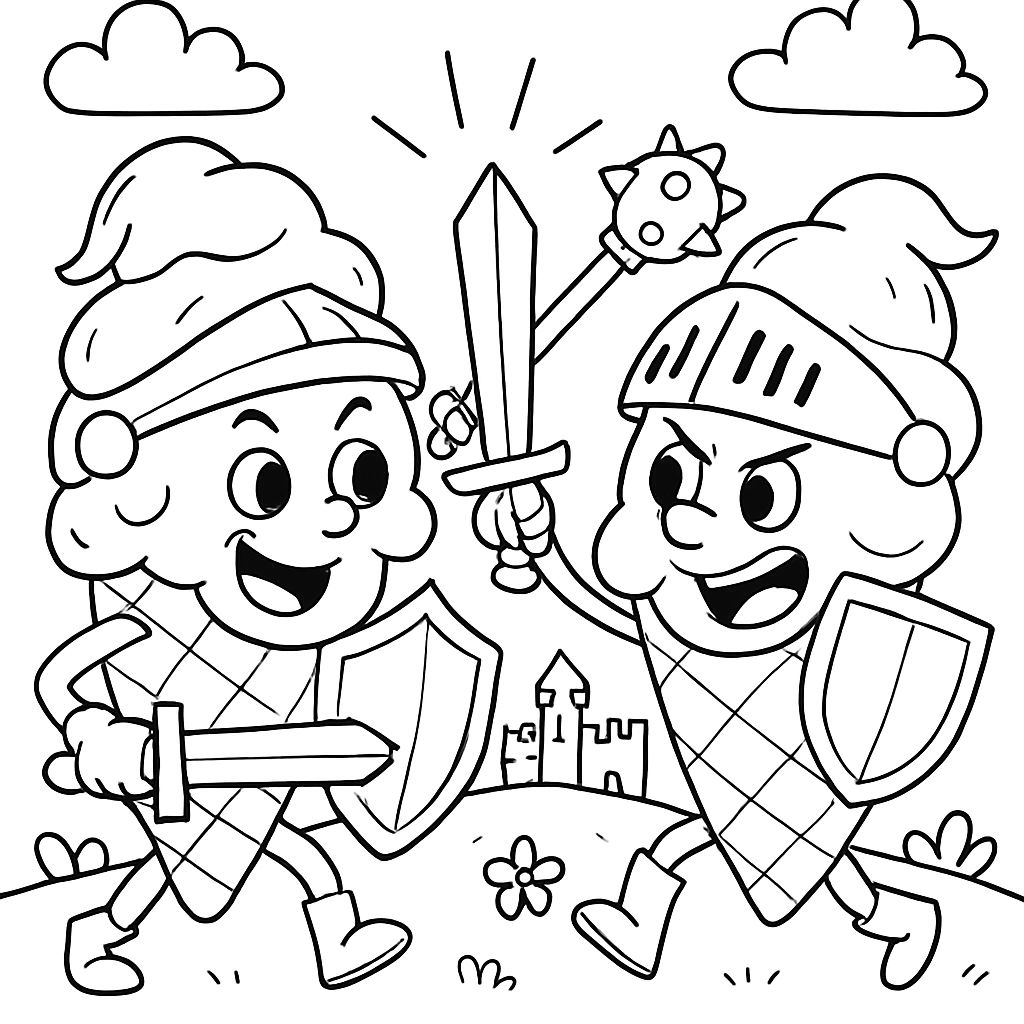 dois cones de sorvete vestidos de cavaleiros lutando entre si dois cones de sorvete vestidos de cavaleiros lutando entre si