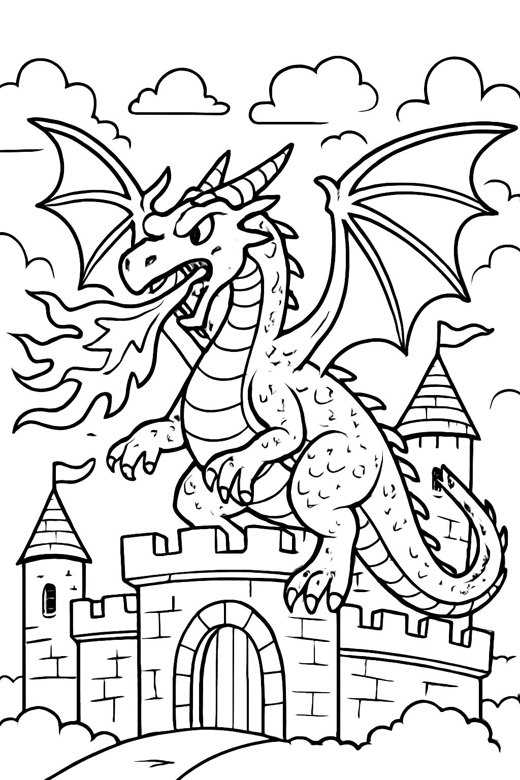 dragon cracheur de feu sur un château