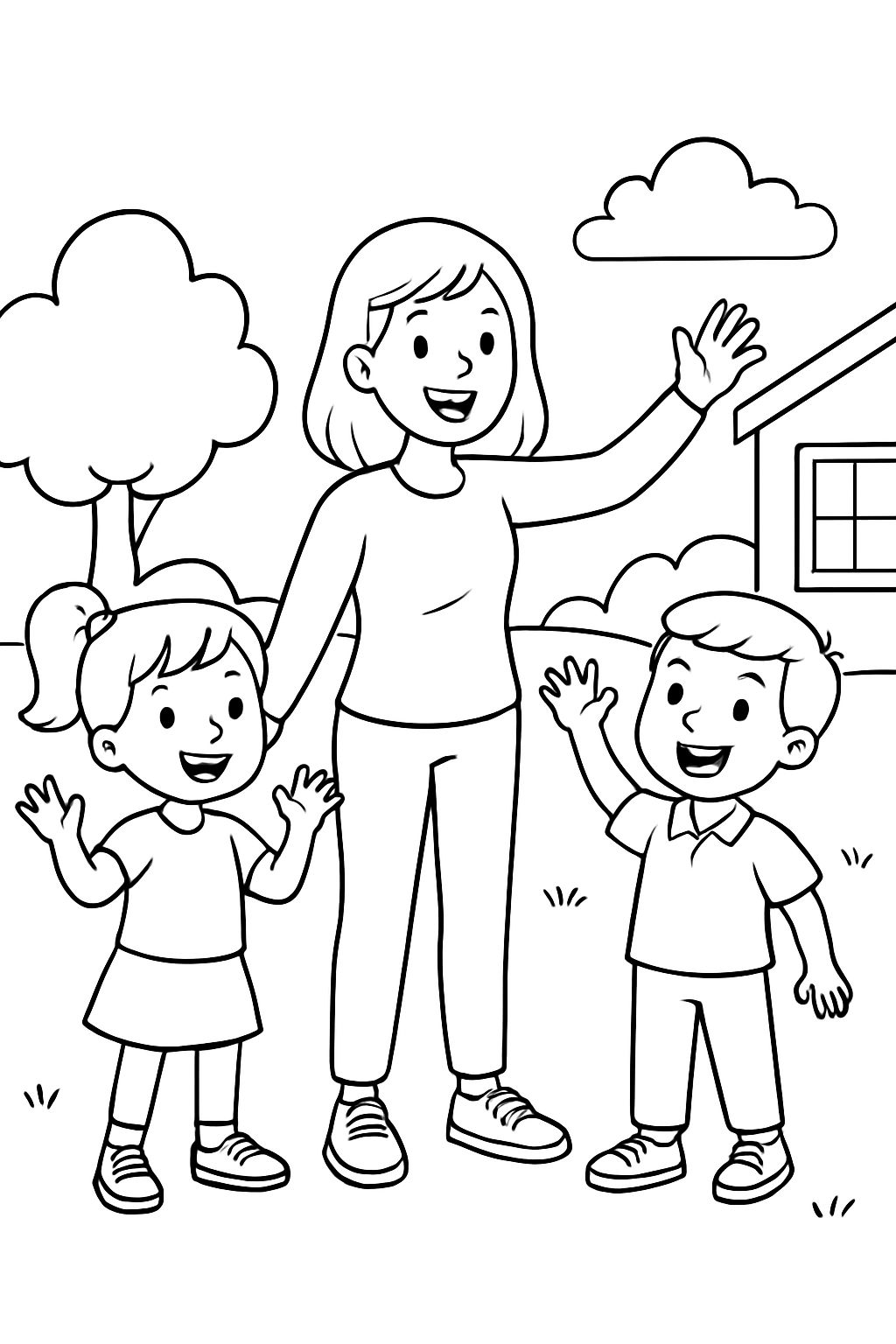 A young female teacher with medium length hair, long sleeve shirt, pants, and tennis shoes, standing with a group of 3rd grade students. One student is a girl with a ponytail. A young female teacher with medium length hair, long sleeve shirt, pants, and tennis shoes, standing with a group of 3rd grade students. One student is a girl with a ponytail.