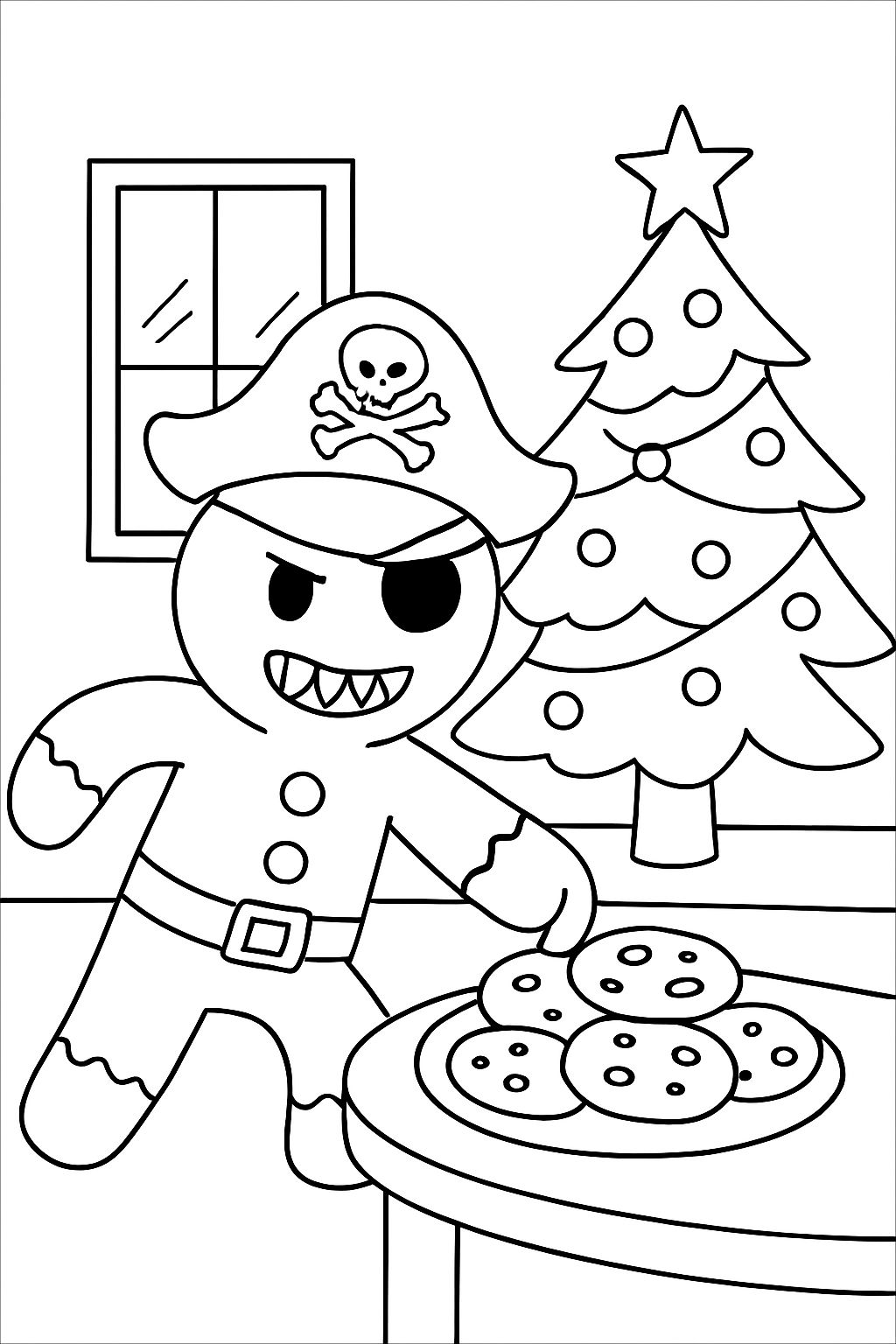 Evil pirate gingerbread man stealing cookies off of a plate in a room with a Christmas tree Evil pirate gingerbread man stealing cookies off of a plate in a room with a Christmas tree