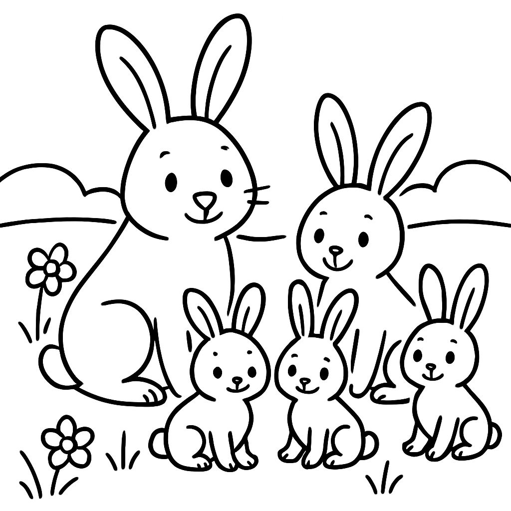 une famille de lapins avec plusieurs enfants dans une prairie de printemps une famille de lapins avec plusieurs enfants dans une prairie de printemps