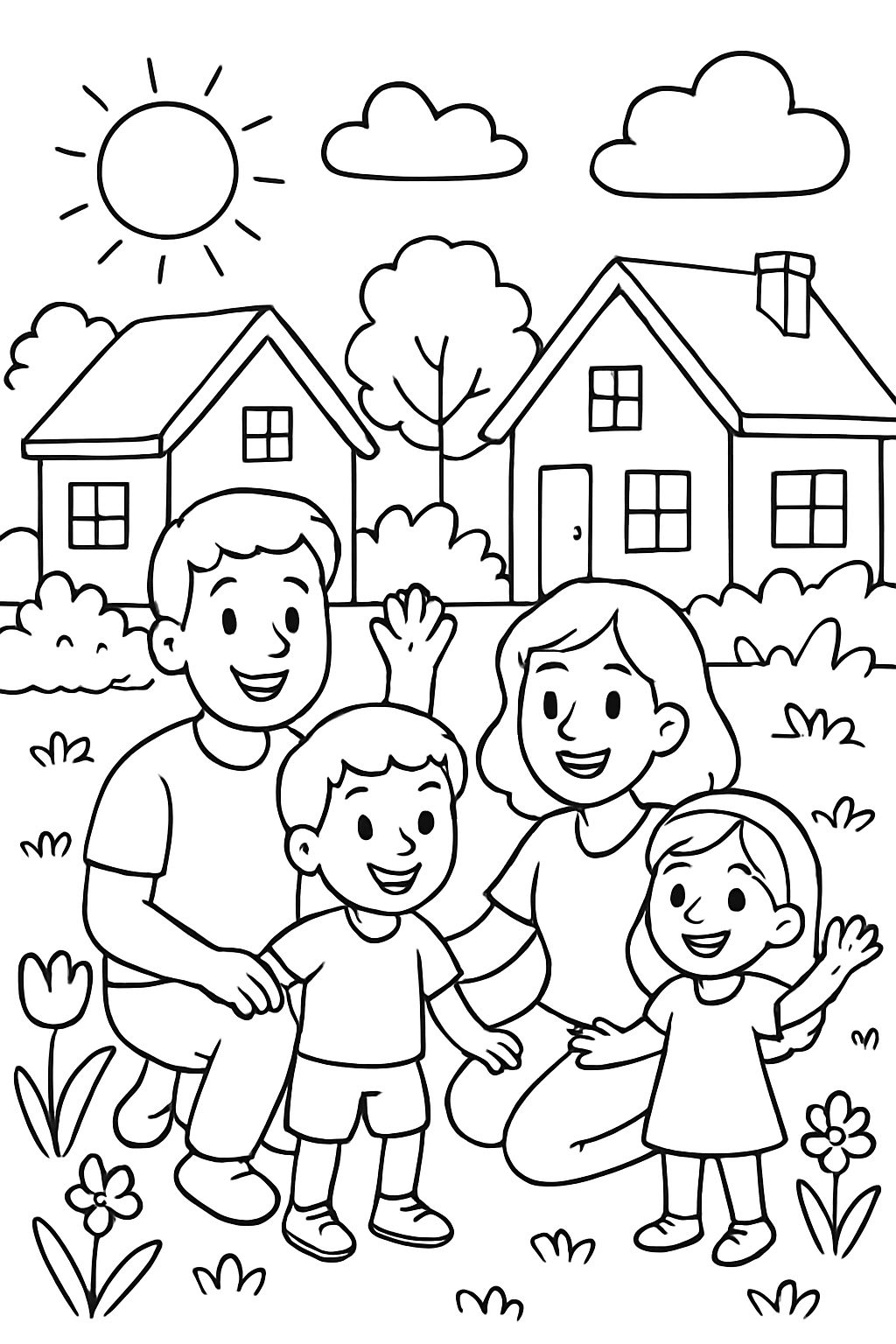 familia en el jardín con dos casas