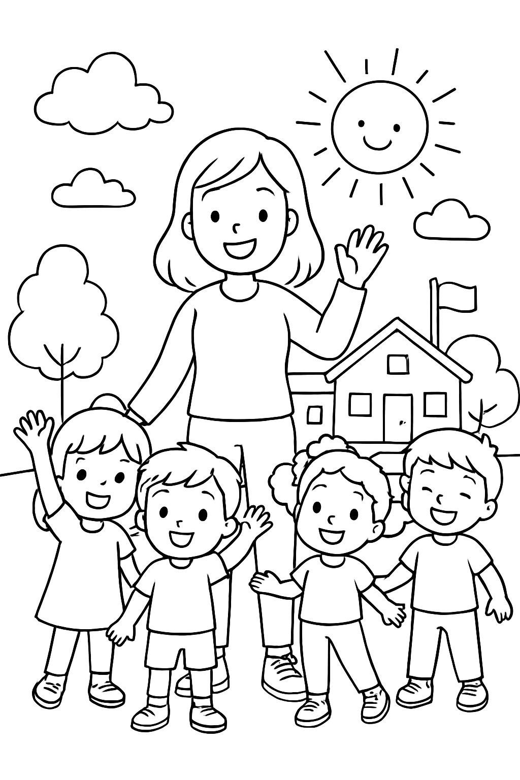 junge Lehrerin mit schulterlangen Haaren, Langarmhemd, Hose und Turnschuhen. Stehend mit einer Gruppe von Erstklässlern. junge Lehrerin mit schulterlangen Haaren, Langarmhemd, Hose und Turnschuhen. Stehend mit einer Gruppe von Erstklässlern.