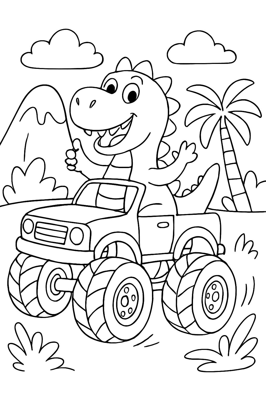 a dinosaur in a monster truck