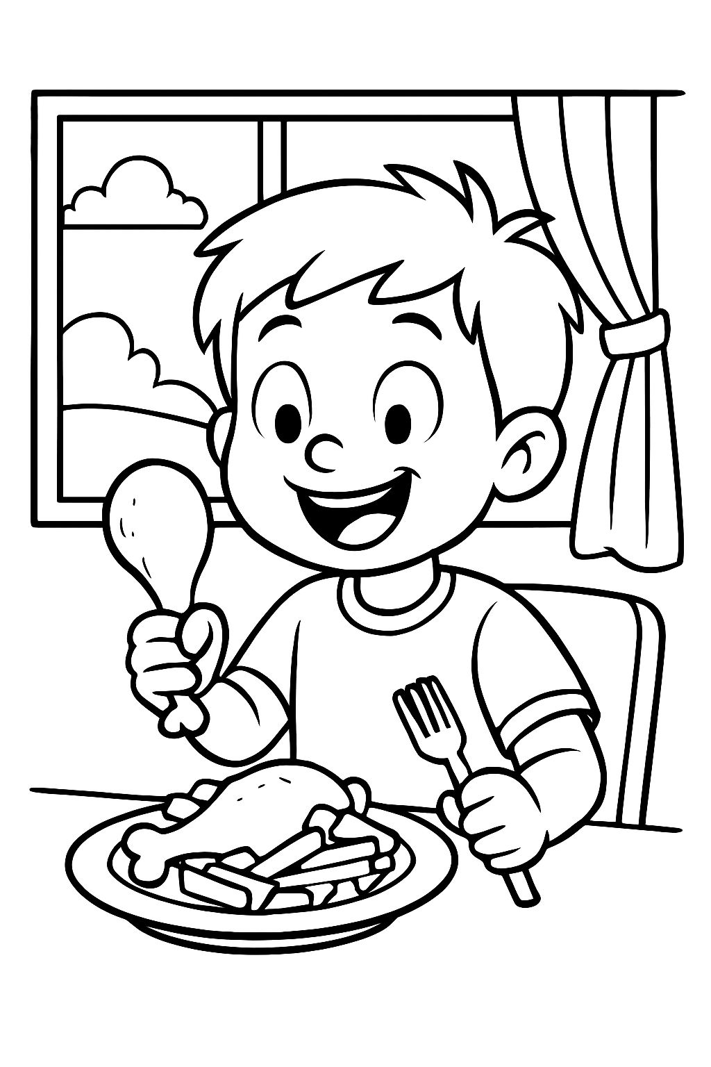 a boy eating chicken with fries