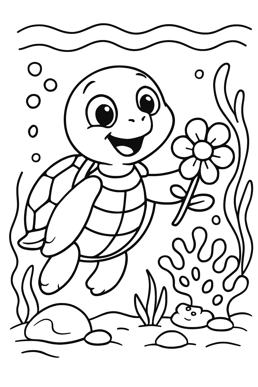 a turtle at the bottom of the sea with a flower