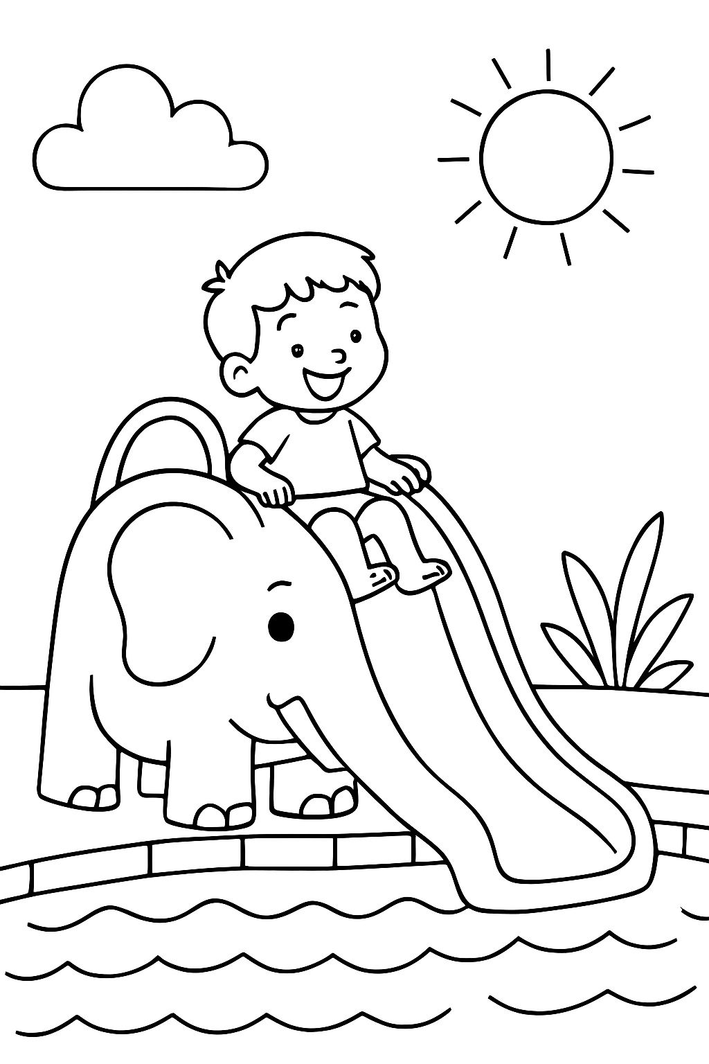 A boy sitting on a slide that looks like an elephant in a swimming pool A boy sitting on a slide that looks like an elephant in a swimming pool