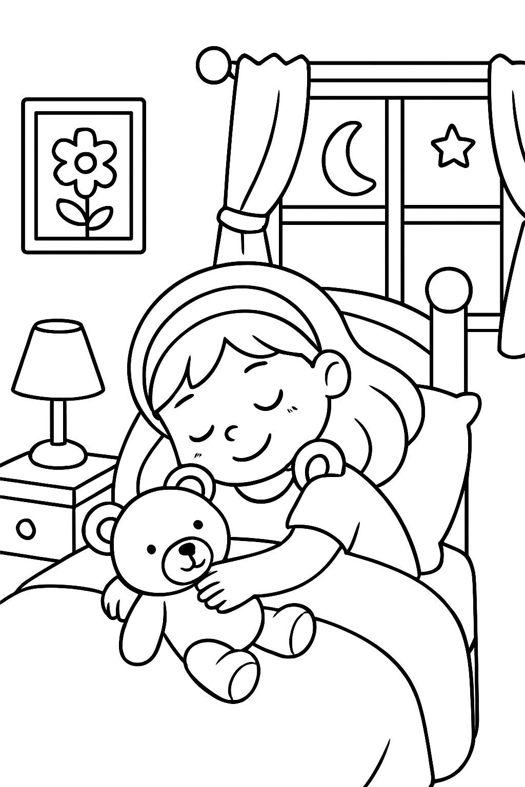 Girl sleeping with the bear at the edge of the bed