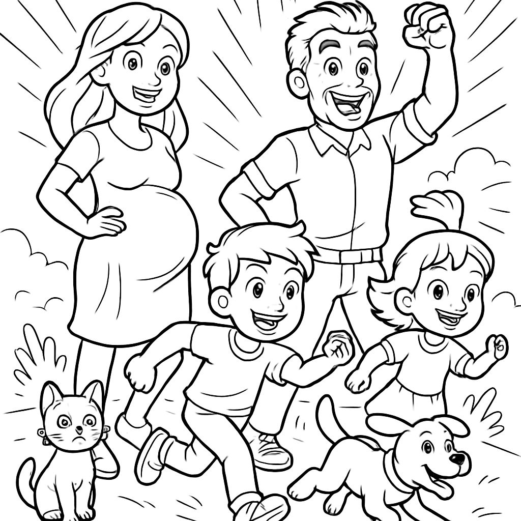 Famille avec maman enceinte, papa, grand garçon, petite fille, 2 chats et un chien Famille avec maman enceinte, papa, grand garçon, petite fille, 2 chats et un chien