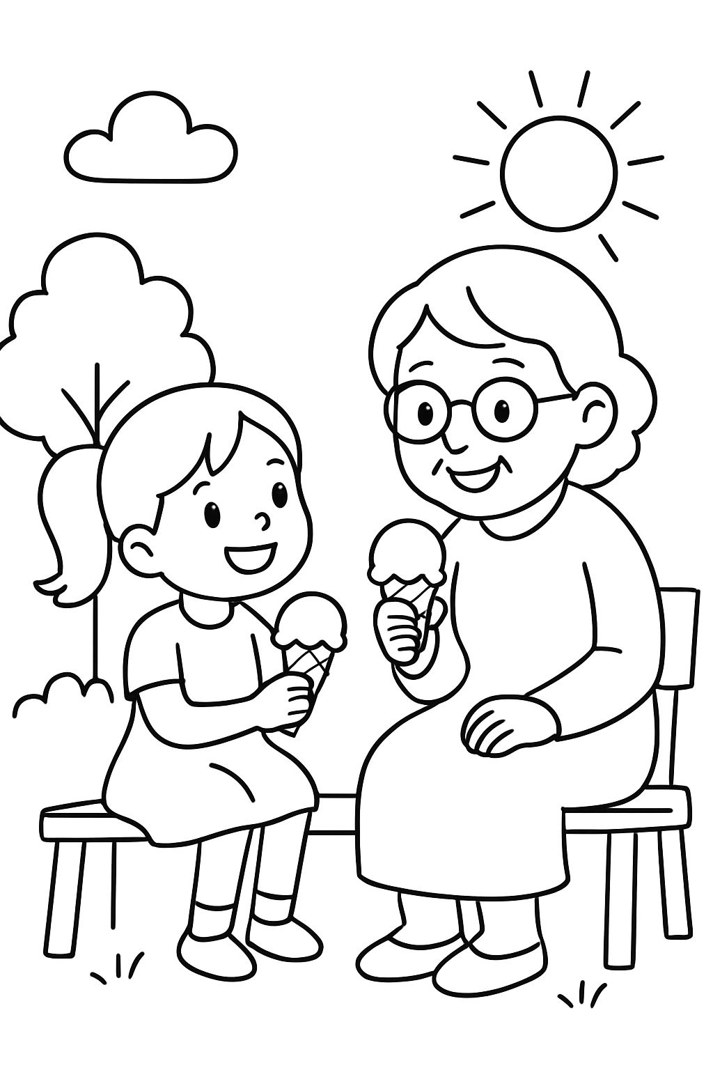 Una niña con su joven abuela comiendo helado