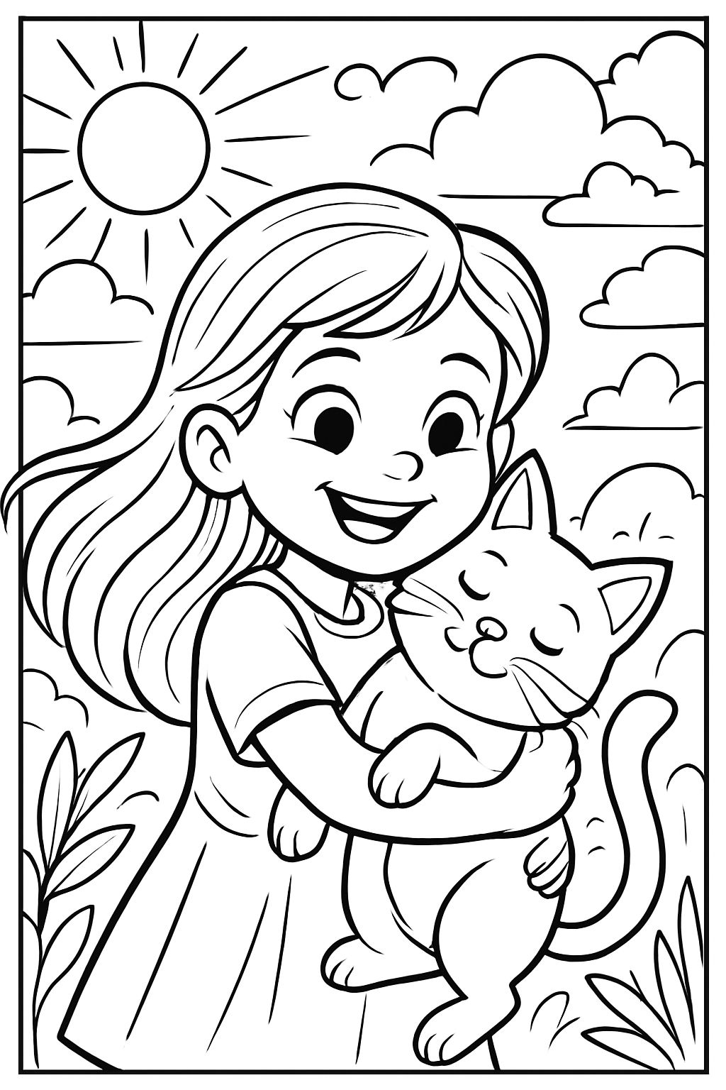 a 5 year old little girl with long hair cuddling up with her pet cat