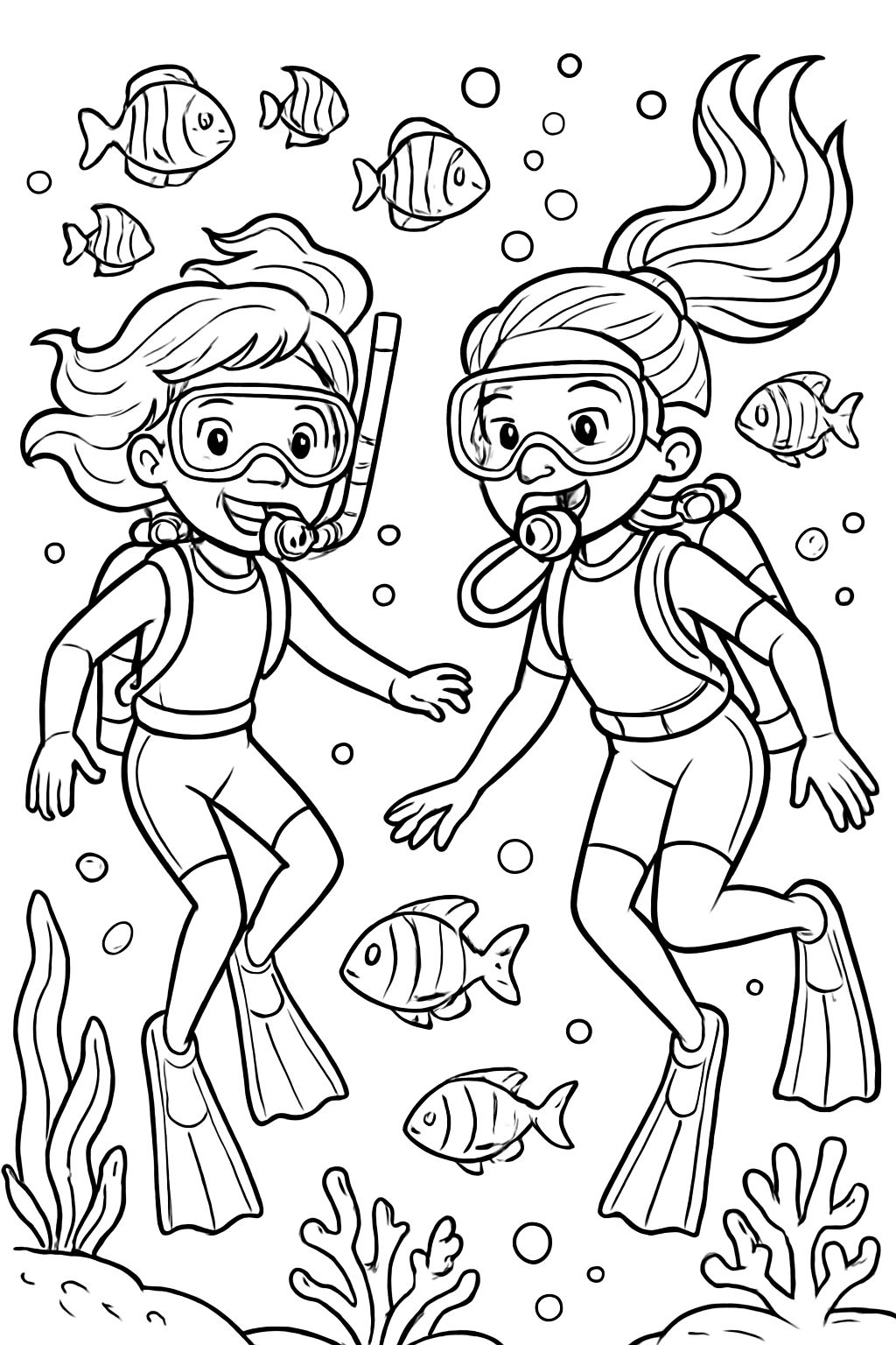 Two girls scuba diving with fish