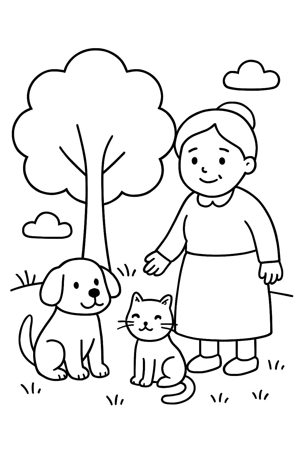 Einen baum auf einer wiese mit hund und katze und oma ohne brille