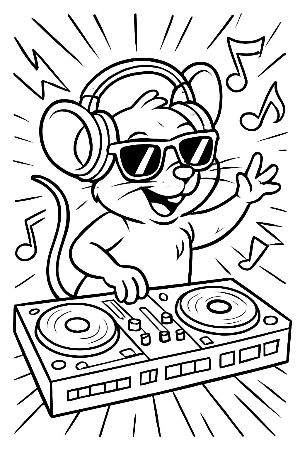 Um rato usando fones de ouvido e óculos de sol em pé na cabine do DJ