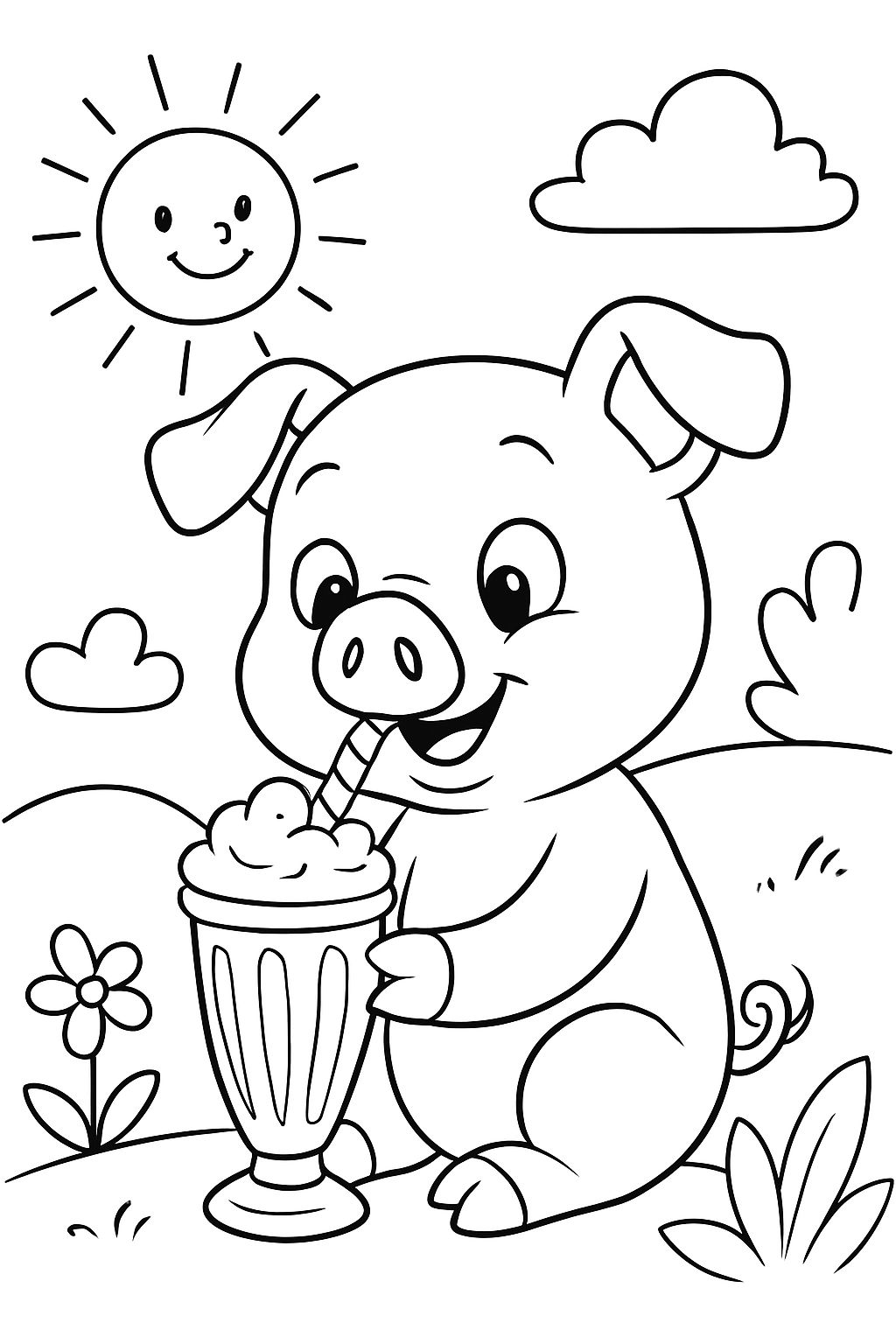 Wilbur the baby pig drinking a milkshake.