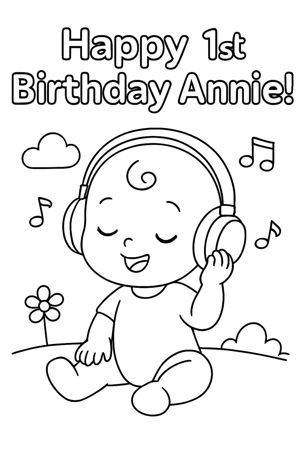 A baby listening to music that says "Happy 1st Birthday Annie!"