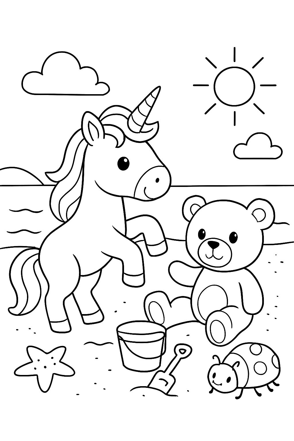 Un unicorn, un ours en peluche et un scarabée jouent sur la plage Un unicorn, un ours en peluche et un scarabée jouent sur la plage