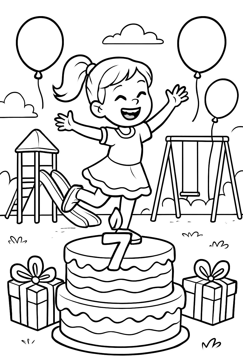 „Herzlichen Glückwunsch zum 7. Geburtstag“ Bild von einem kleinen Mädchen auf einem Spielplatz mit Kuchen, Geschenken und Ballons „Herzlichen Glückwunsch zum 7. Geburtstag“ Bild von einem kleinen Mädchen auf einem Spielplatz mit Kuchen, Geschenken und Ballons