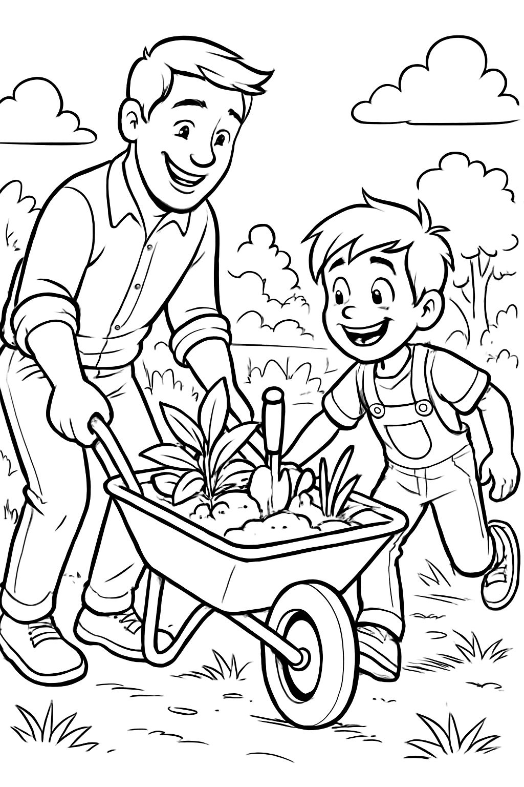 Papa und Sohn am arbeiten mit schubkarre im garten