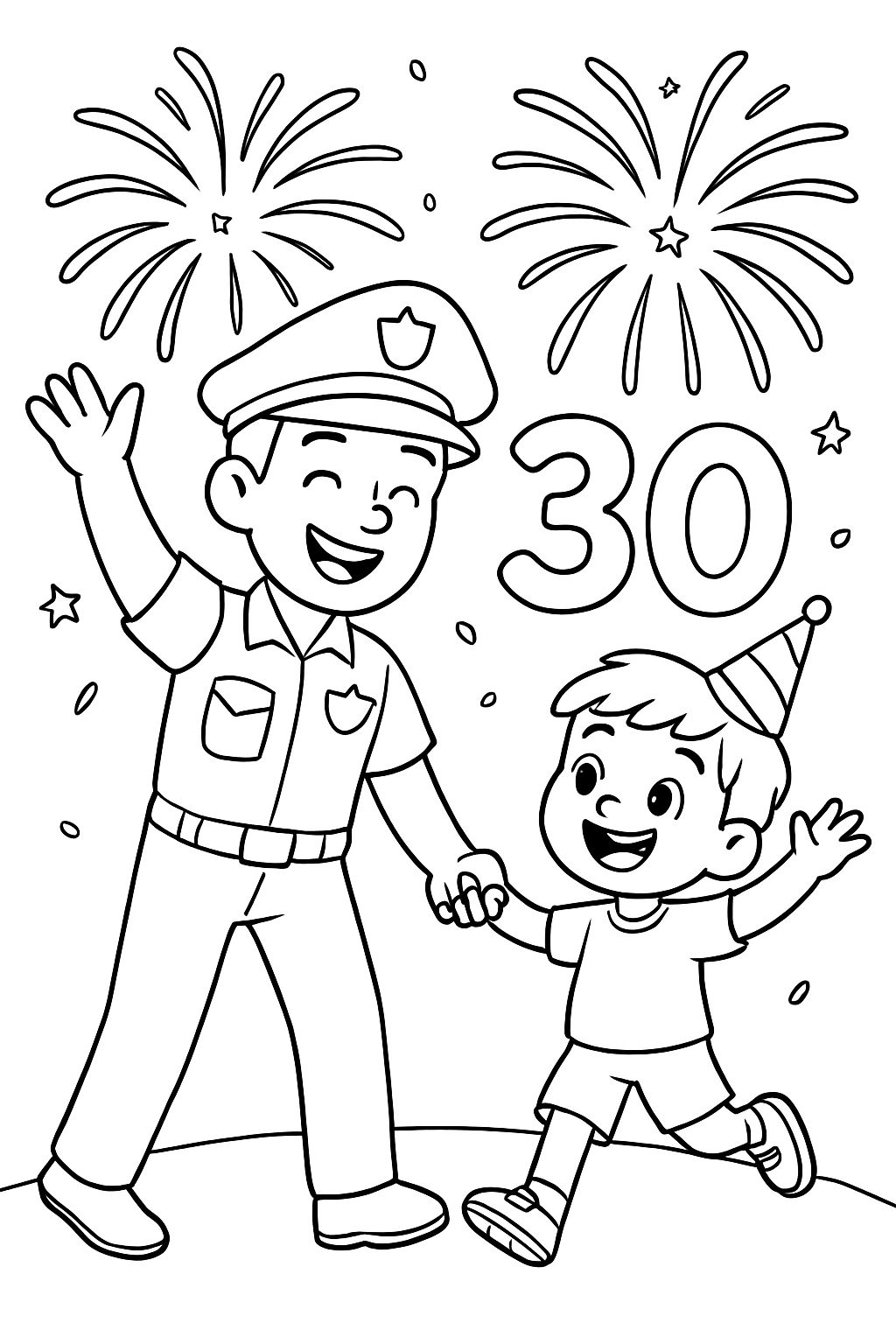 Uncle cop and nephew 6 year old holding hands and celebrating 30th birthday with fireworks. Uncle cop and nephew 6 year old holding hands and celebrating 30th birthday with fireworks.