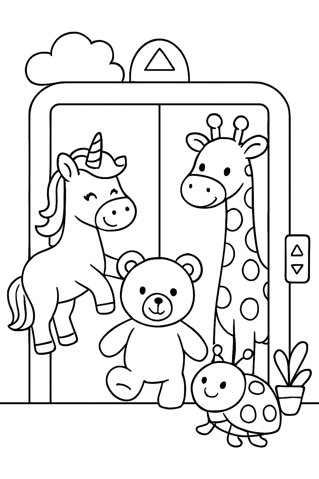 A unicorn, a teddy bear, a giraffe, and a ladybug are riding in the elevator A unicorn, a teddy bear, a giraffe, and a ladybug are riding in the elevator
