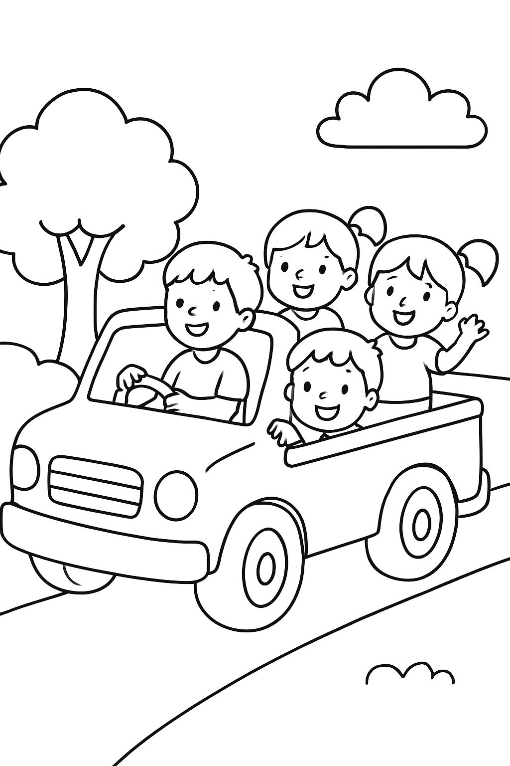 Dois meninos e duas meninas estão sentados em um caminhão Dois meninos e duas meninas estão sentados em um caminhão