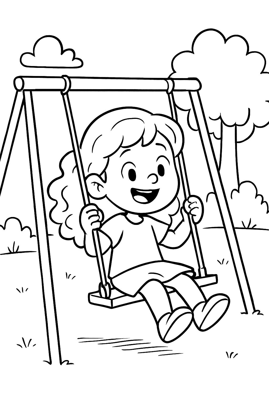 Uma menina sem óculos com cabelos longos e cacheados brincando em um balanço. Uma menina sem óculos com cabelos longos e cacheados brincando em um balanço.